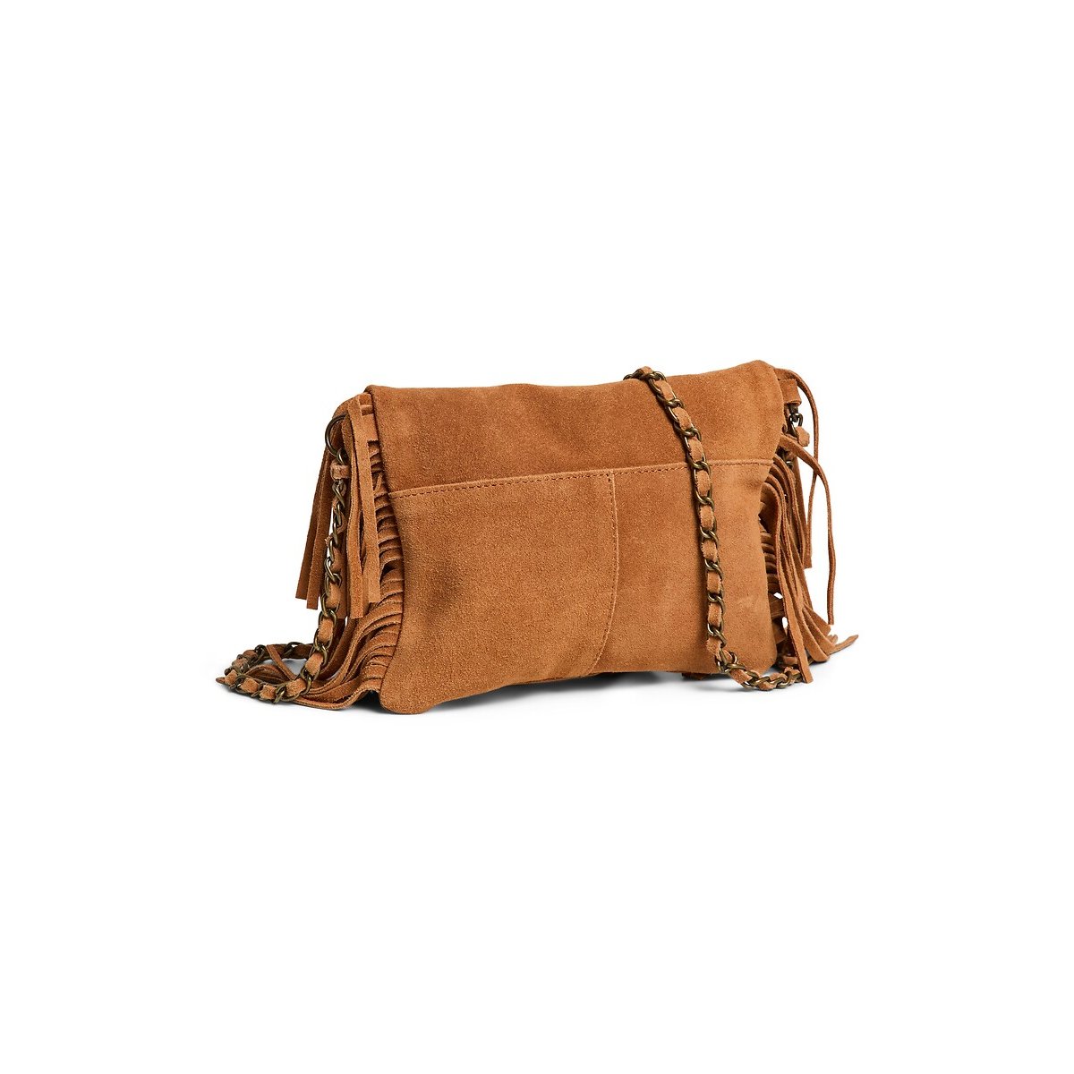 Sac à main à franges, en cuir suédé, Aurora cognac, PIECES