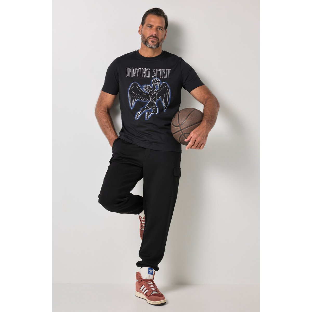 T-shirt manches courtes et imprimé poitrine noir, JP1880