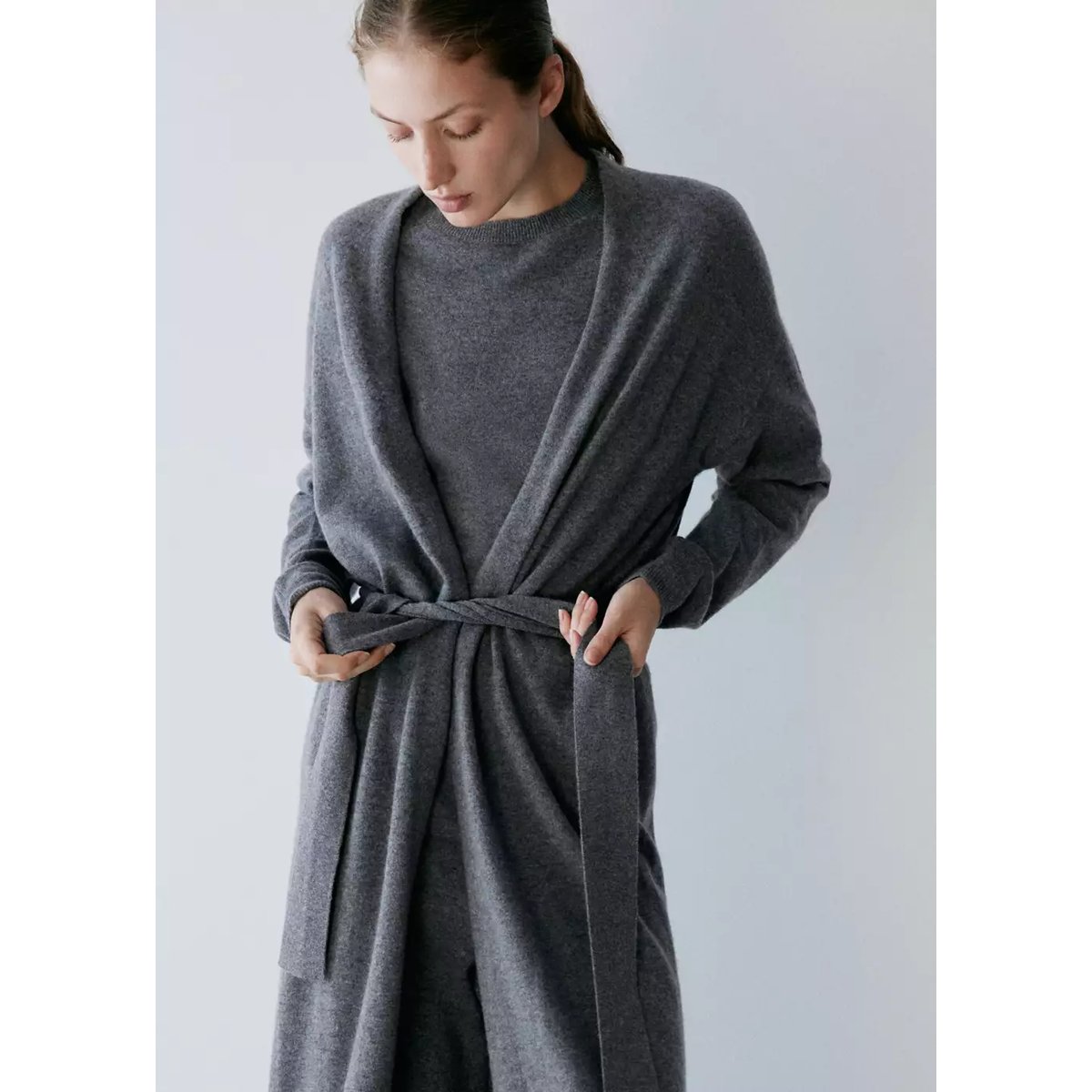 Cardigan 100 % cachemire coupe longue gris, MANGO