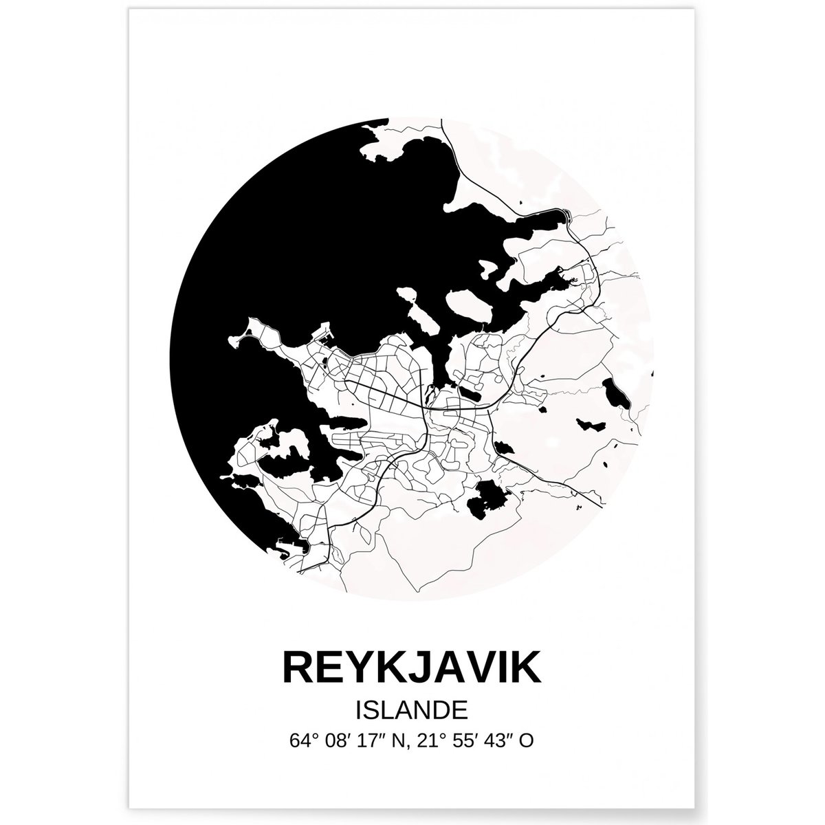 Affiche Carte Reykjavik blanc, L'AFFICHERIE