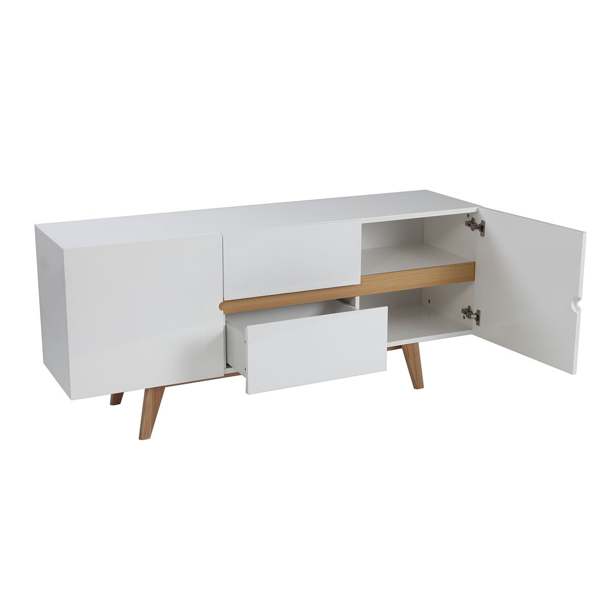 Buffet scandinave blanc laqué brillant et finition bois clair 2 portes 2 tiroirs L160 cm MELKA blanc, MILIBOO