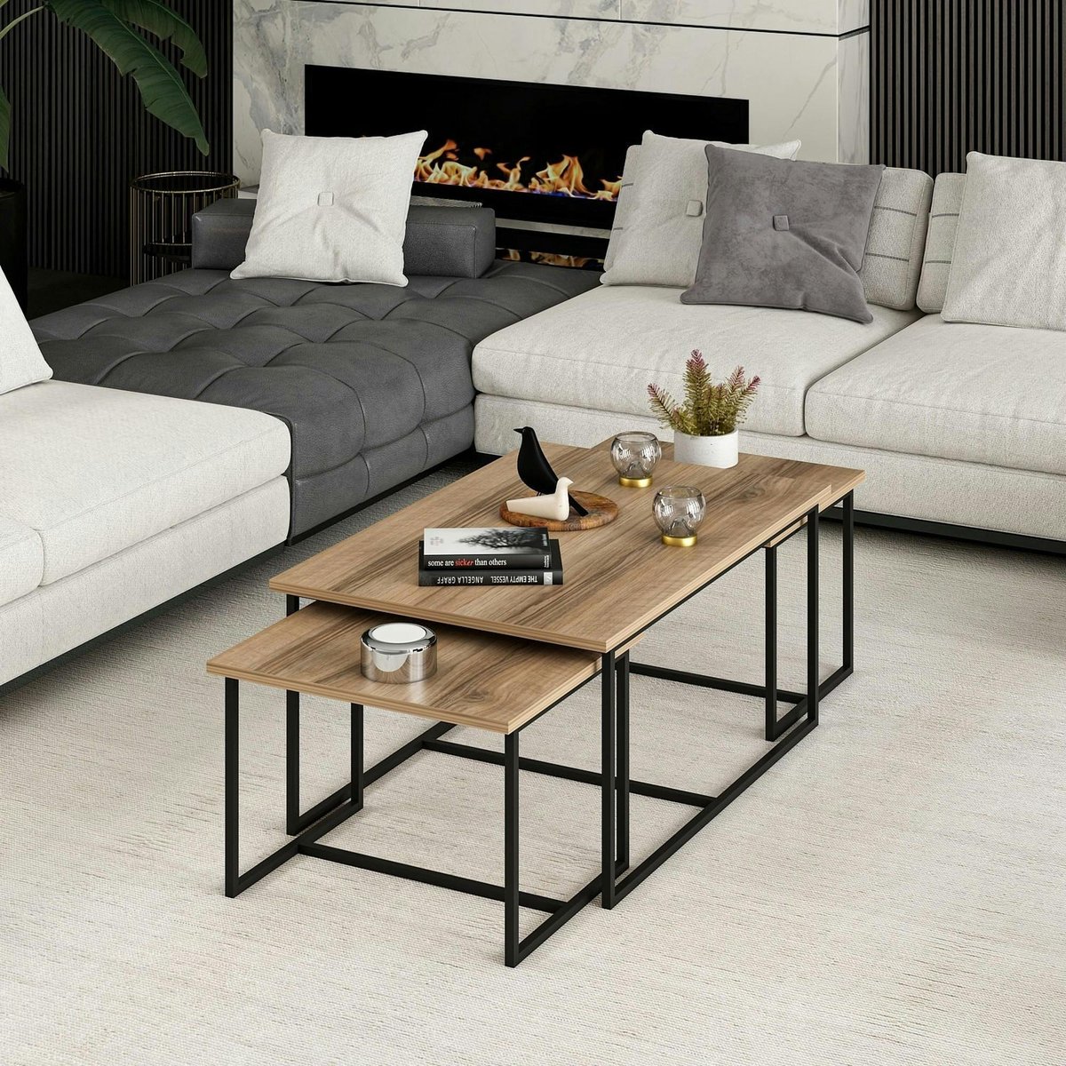 Table basse gigogne minimaliste effet noyer (lot de 3) JENA bois naturel, PIER IMPORT