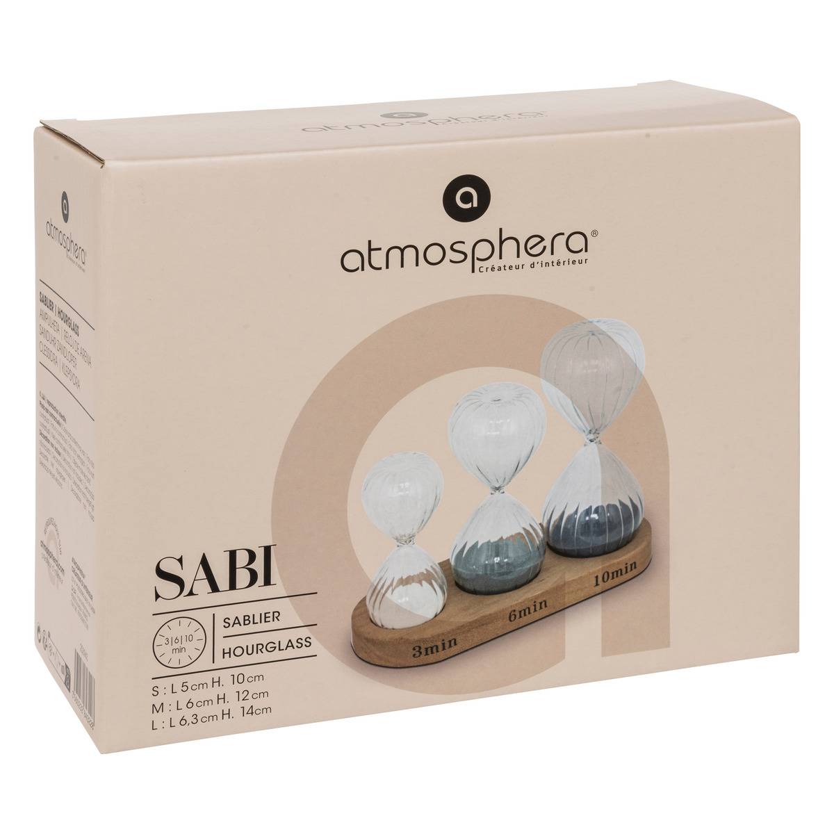 Lot de 3 sabliers avec support bois SABI multicolore, ATMOSPHERA