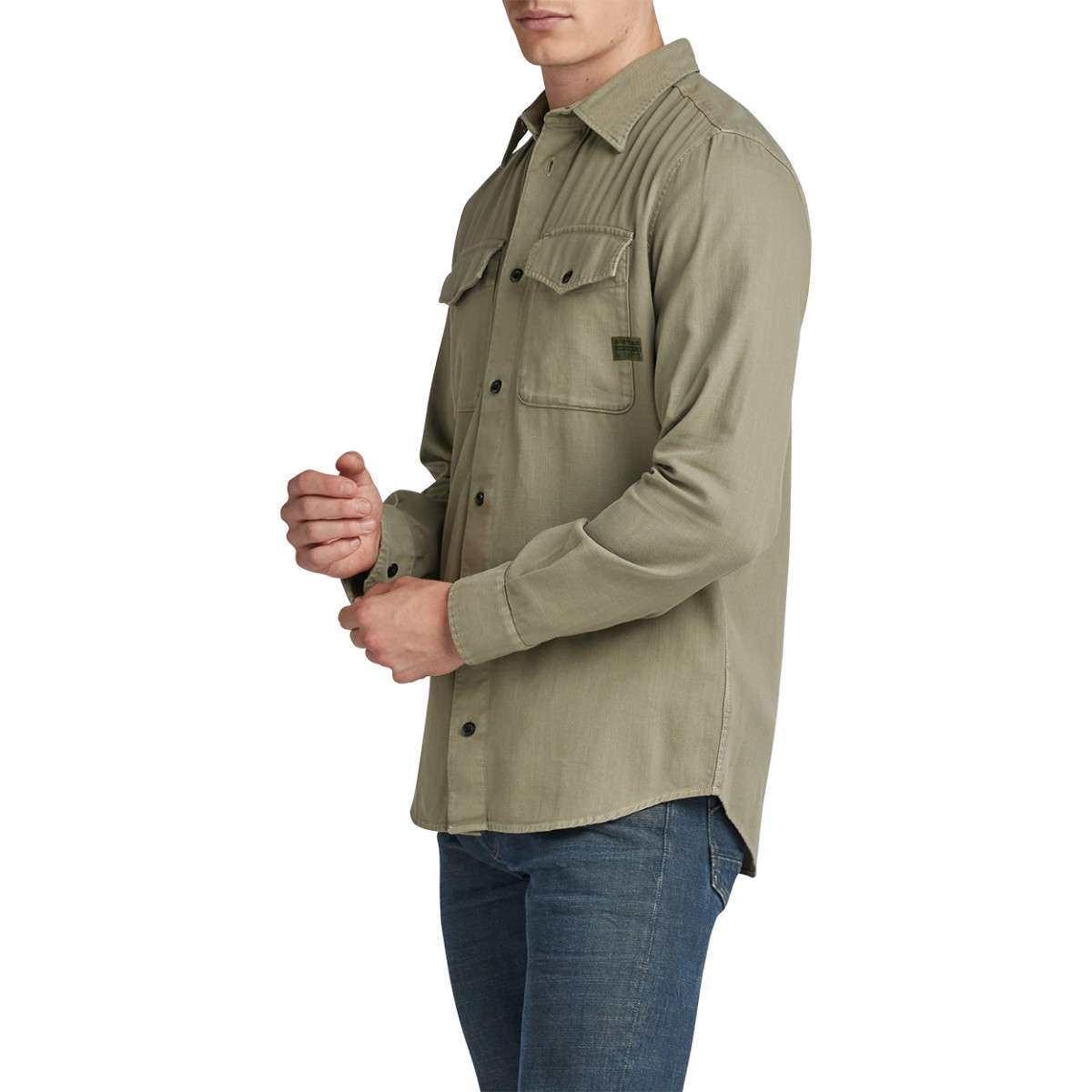 Chemise en coton bleu marine unie avec une coupe slim et un col à revers vert, G-Star RAW