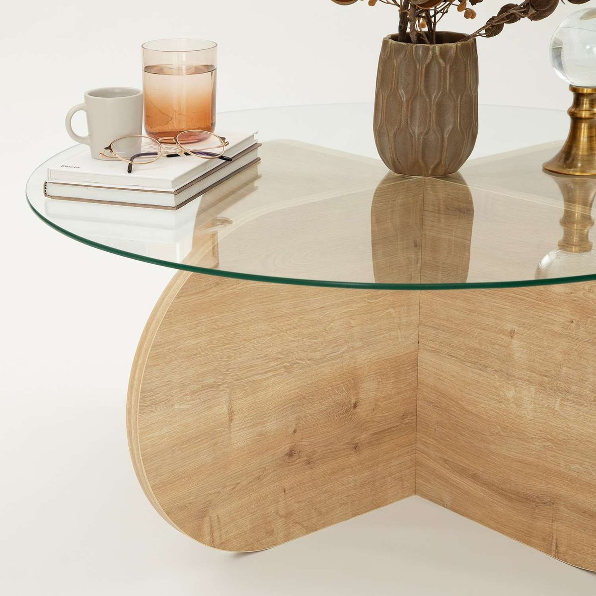 Table basse ronde avec plateau en verre LUMINIX beige, TOILINUX