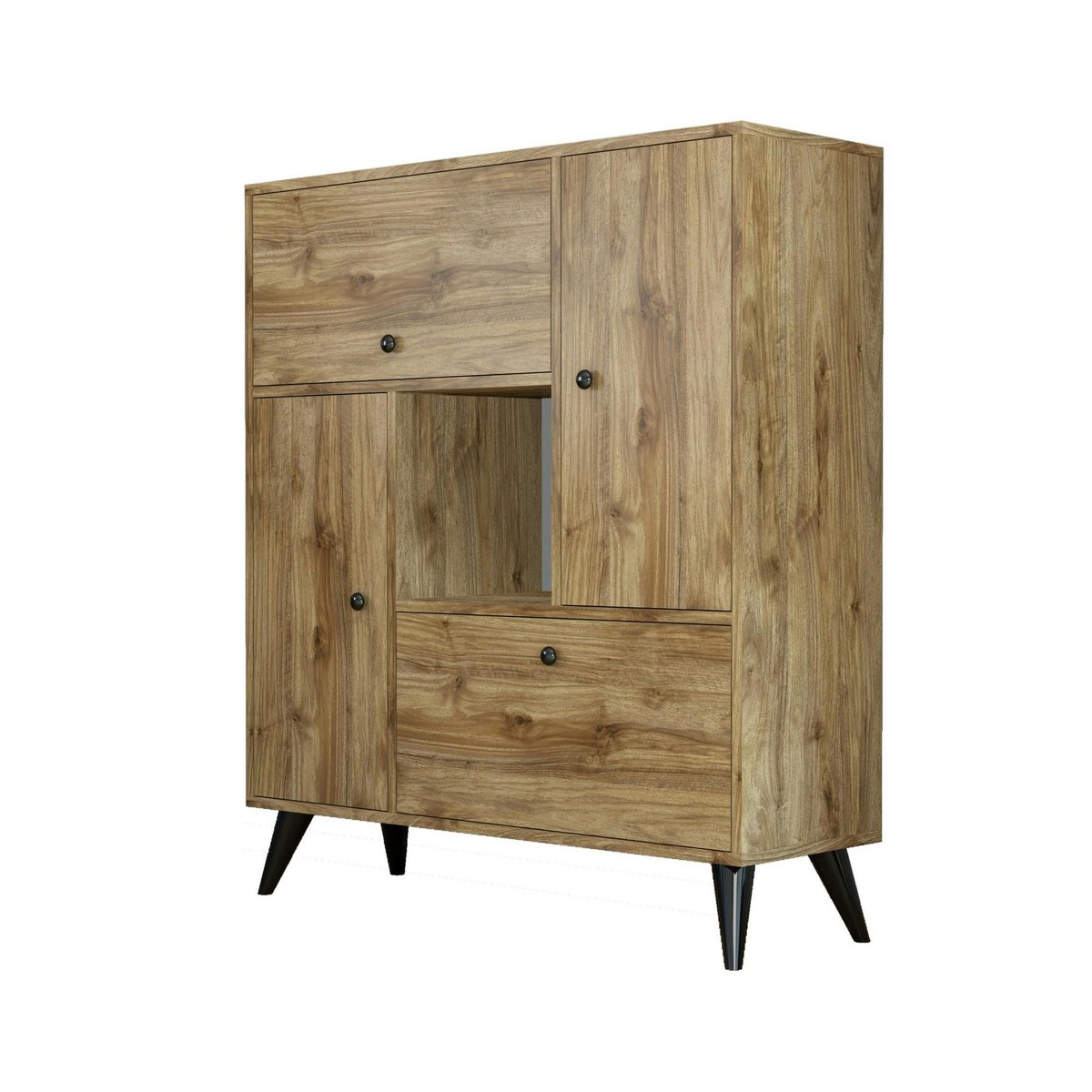 Buffet haut moderne 4 portes niche centrale, effet noyer JENA bois naturel, PIER IMPORT