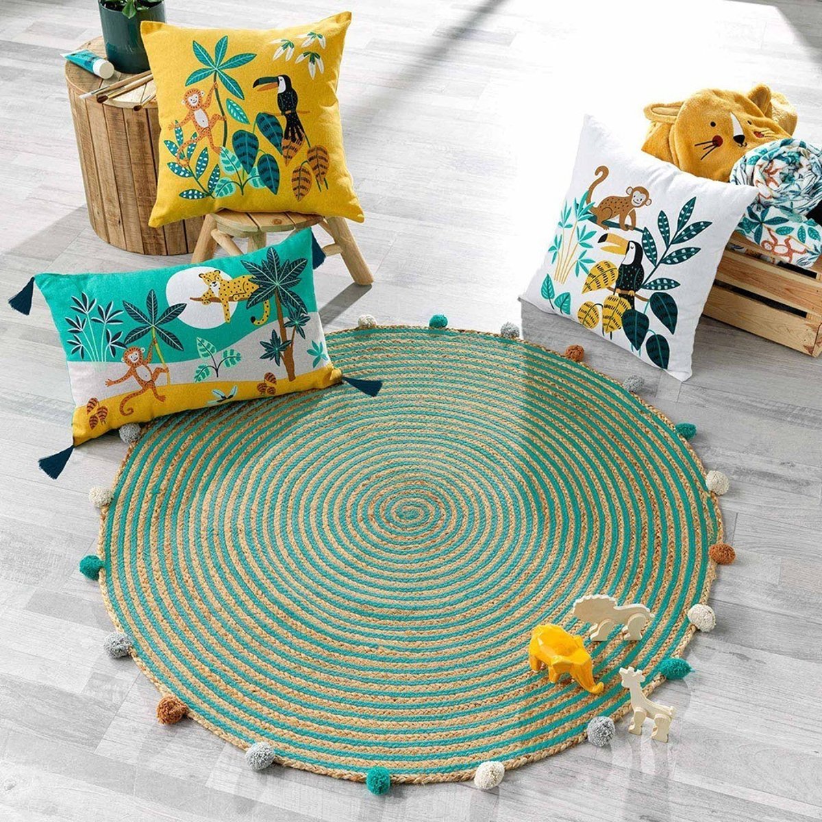 Tapis rond pompons 90  jute polycoton Baloo bleu, DECORATIE
