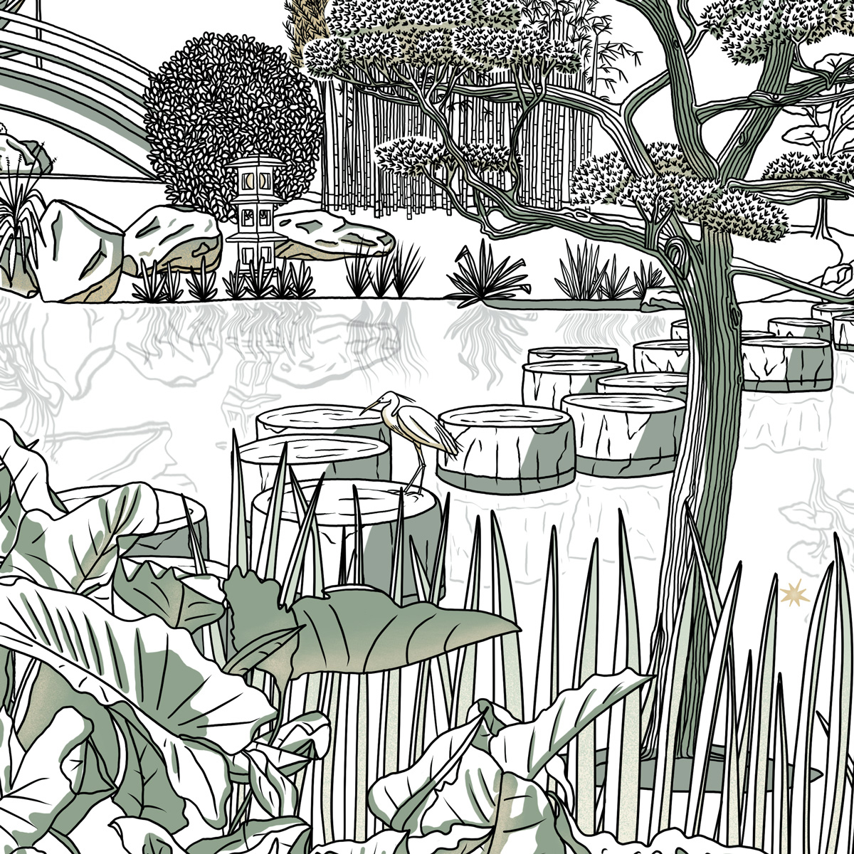 Papier peint panoramique Jardin japonais,  450 x 250cm vert, ACTE DECO