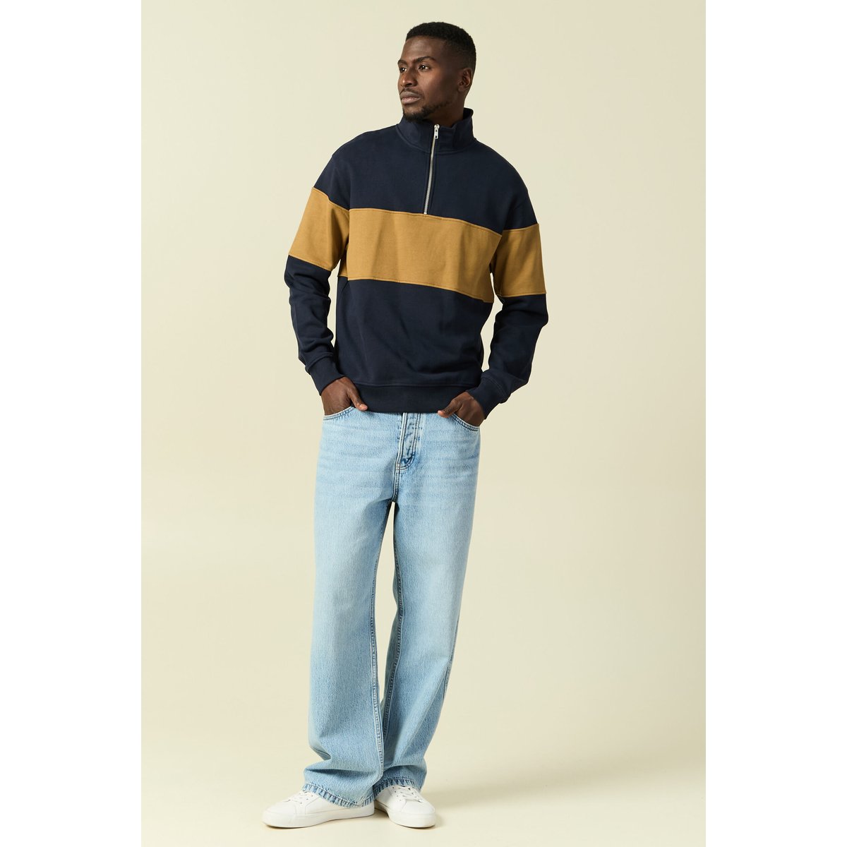Sweat col montant manches longues bleu marine, BONOBO