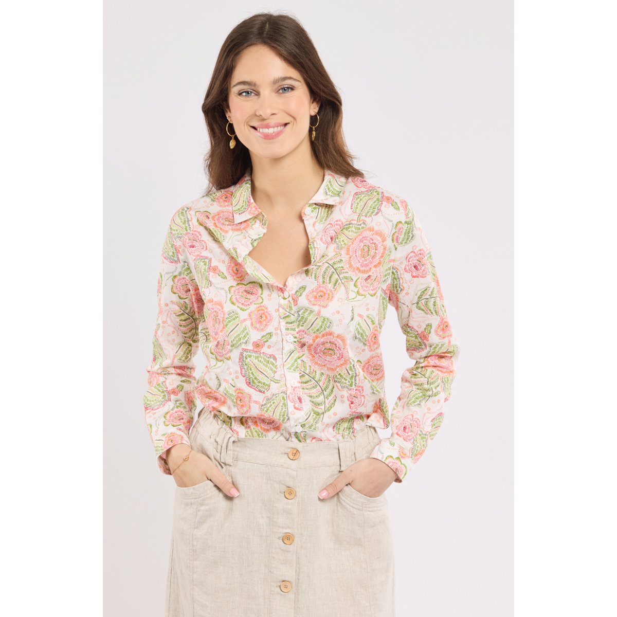 Chemise imprimée - coton imprimé fleurs crayonnées, ARMOR-LUX
