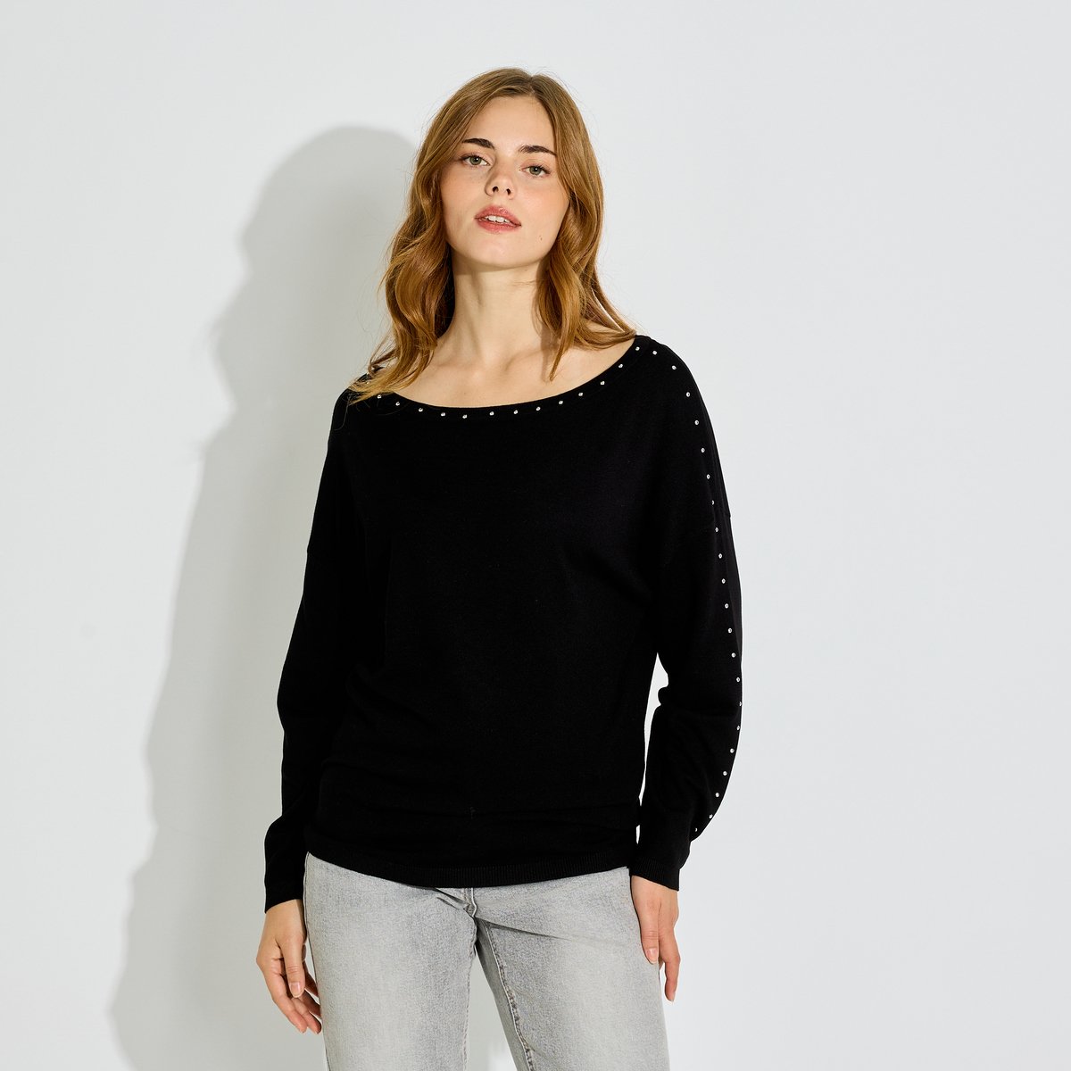 Pull fin col bateau à strass noir, GRAIN DE MALICE