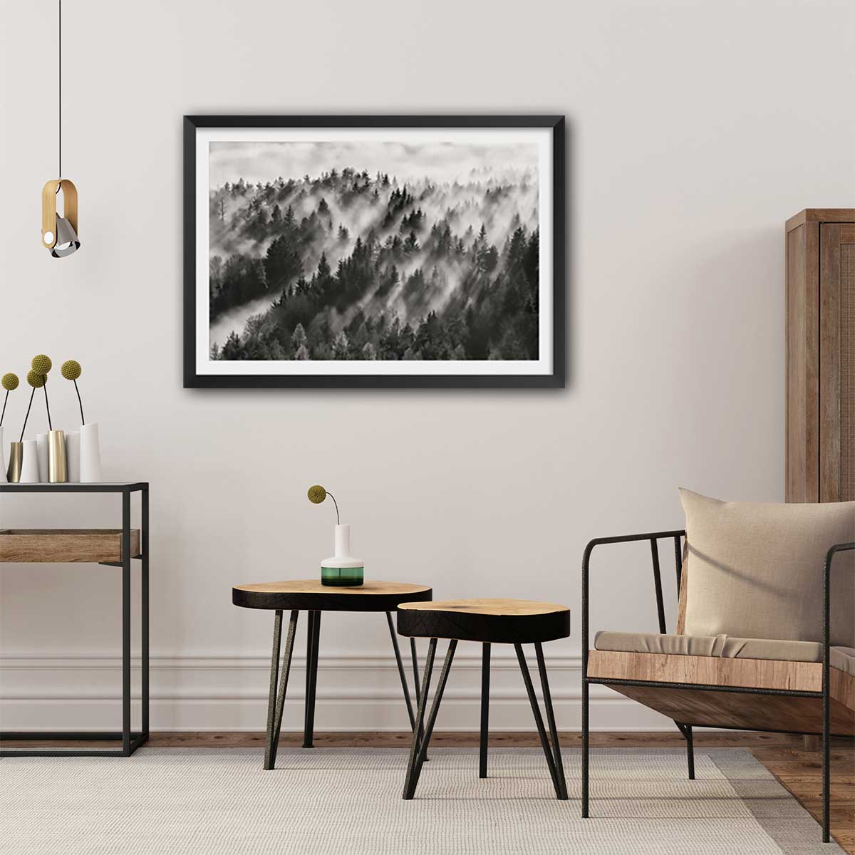 Affiche paysage rayons de lumière affiche + cadre en bois - noir, HEXOA