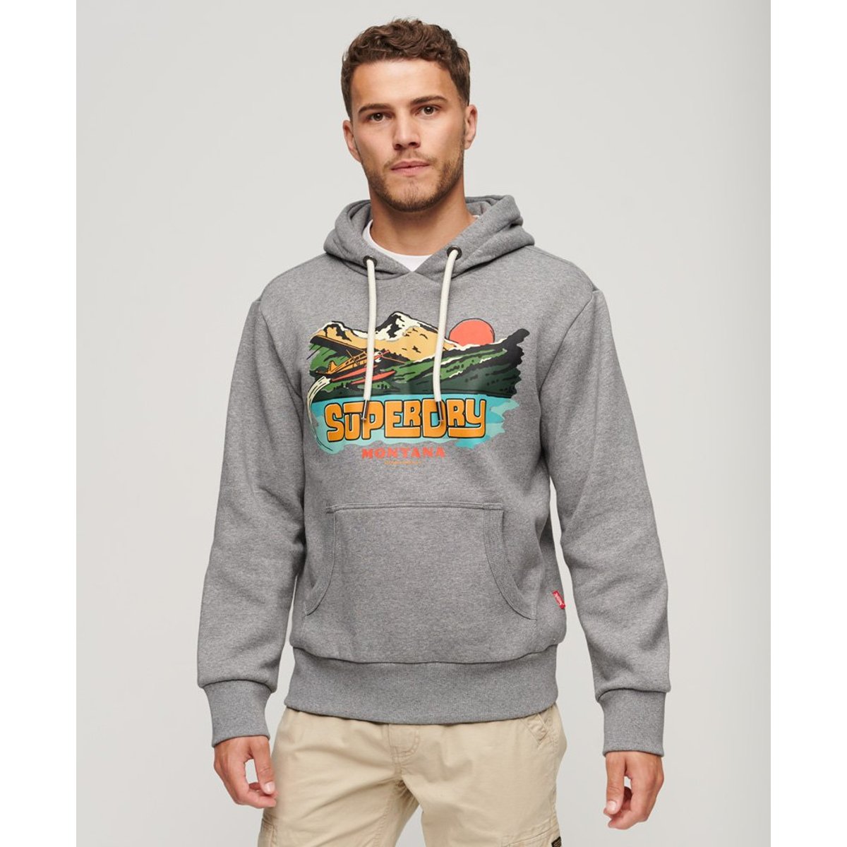 Sweat à capuche et motif Travel Postcard gris foncé moucheté chiné, SUPERDRY