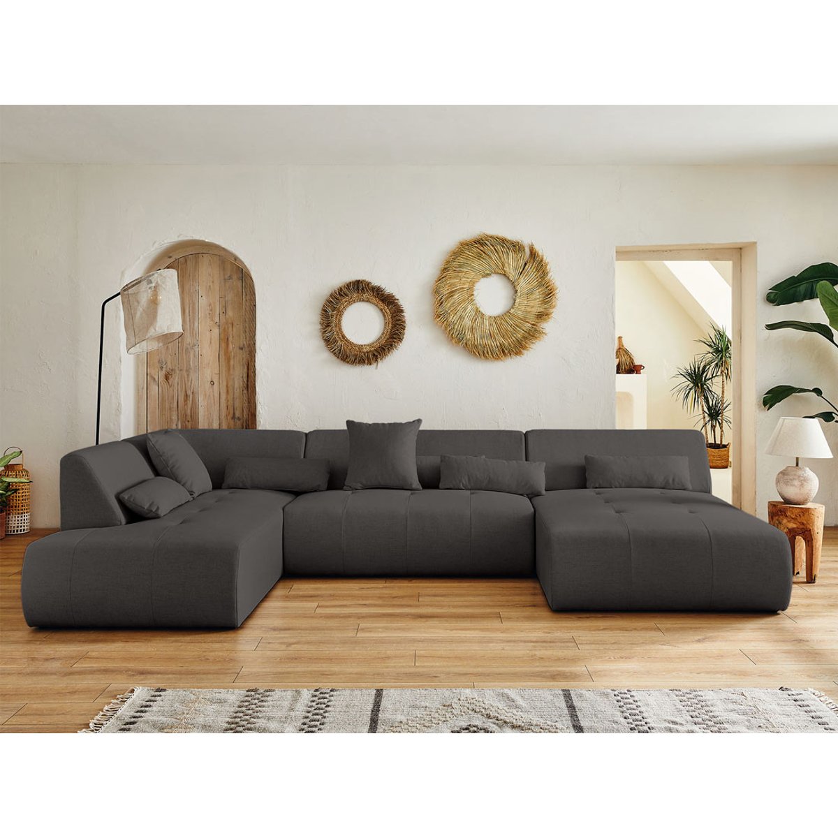 Canapé panoramique d'angle gauche 7 places, ONYX gris foncé, BEST MOBILIER