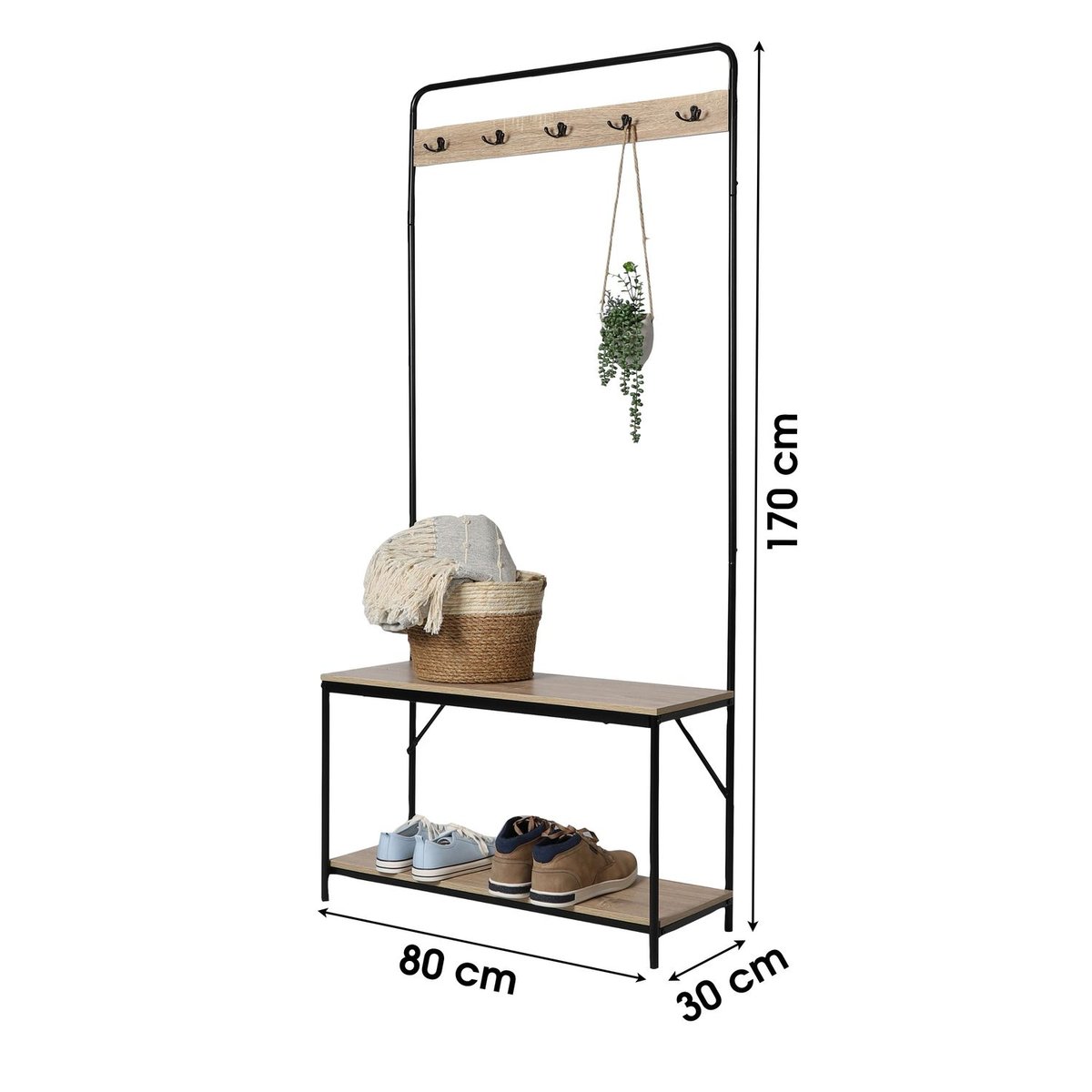 Porte-manteau banc de rangement 5 patères et 1 étagère de rangement beige, TOILINUX
