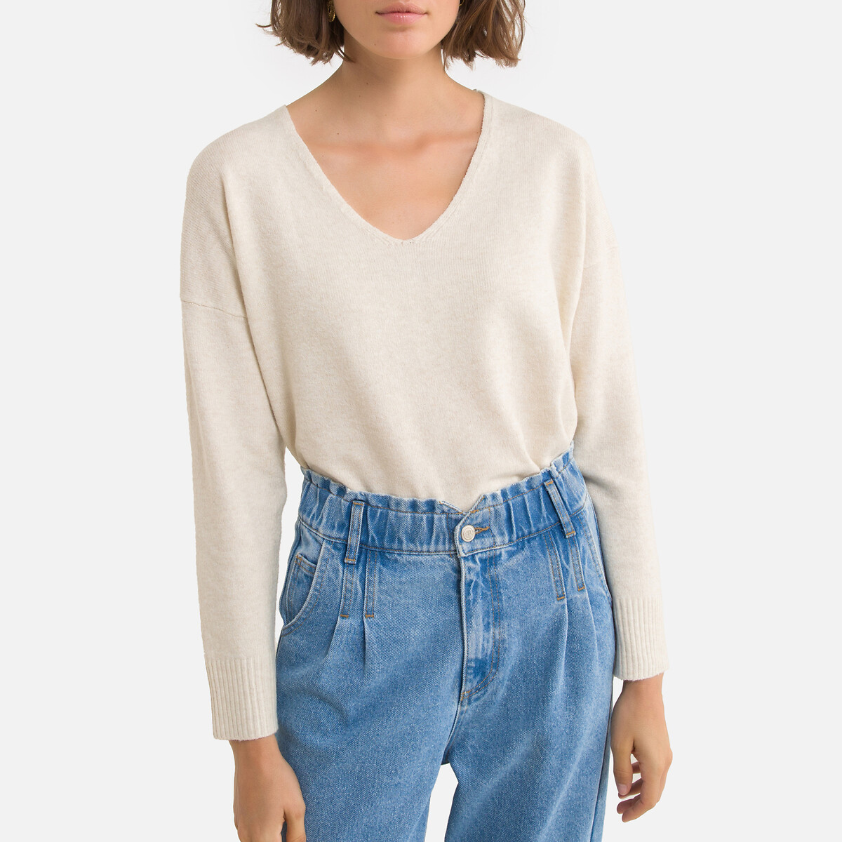 Pull en fine maille, col V ecru, ONLY