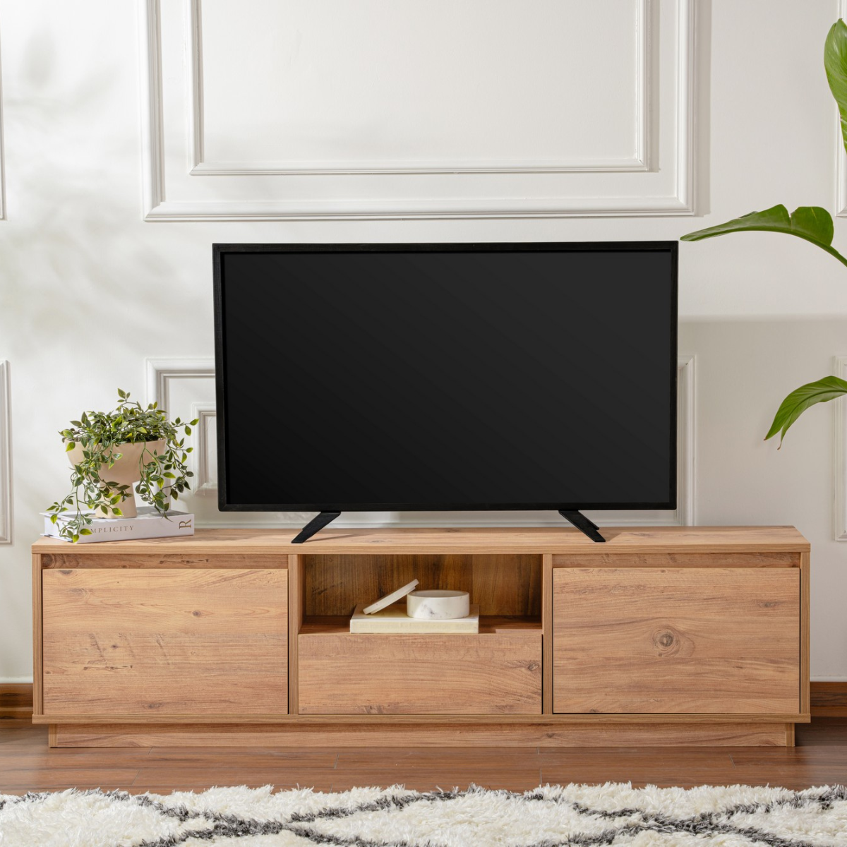 Meuble TV 3 portes rabattables et 1 niche ouverte L160 cm - VANGUARD pin atlantique, CALICOSY