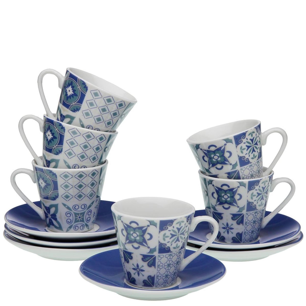 Set de 6 tasses et dessous de tasses porcelaine carreaux de ciment bleu bleu & blanc, VERSA