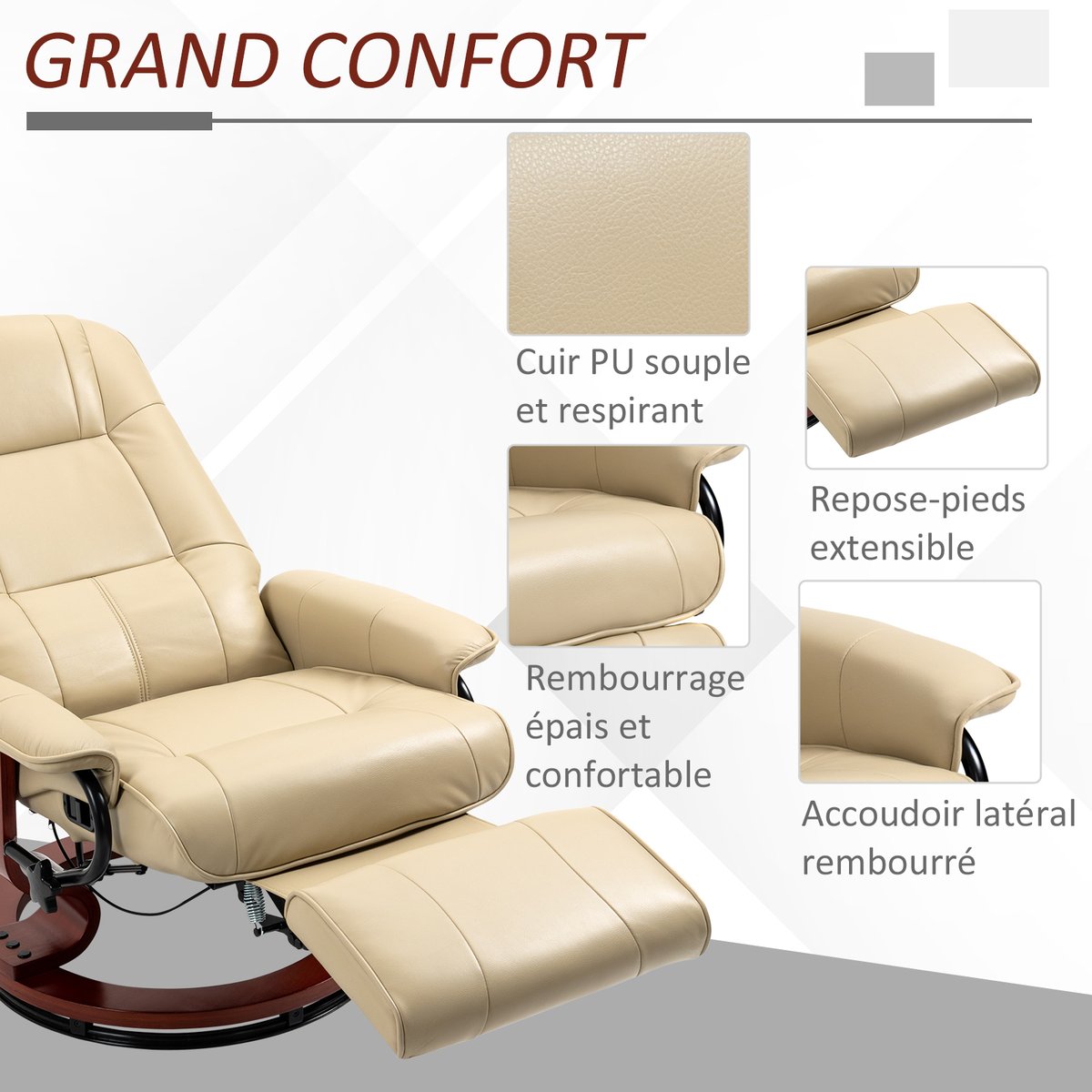 Fauteuil inclinable Revêtement synthétique crème, HOMCOM