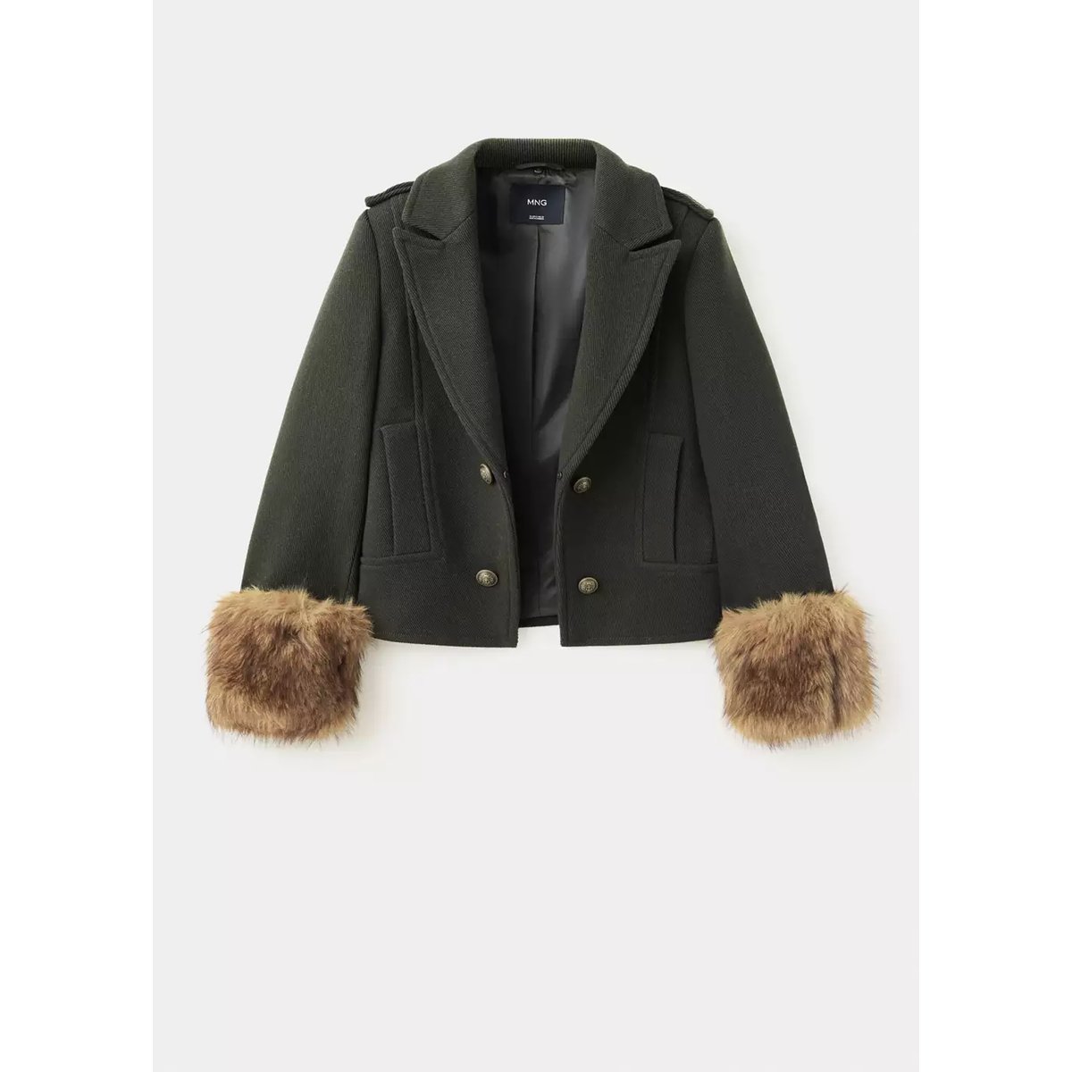 Manteau en mélange de laine avec poil amovible kaki, MANGO