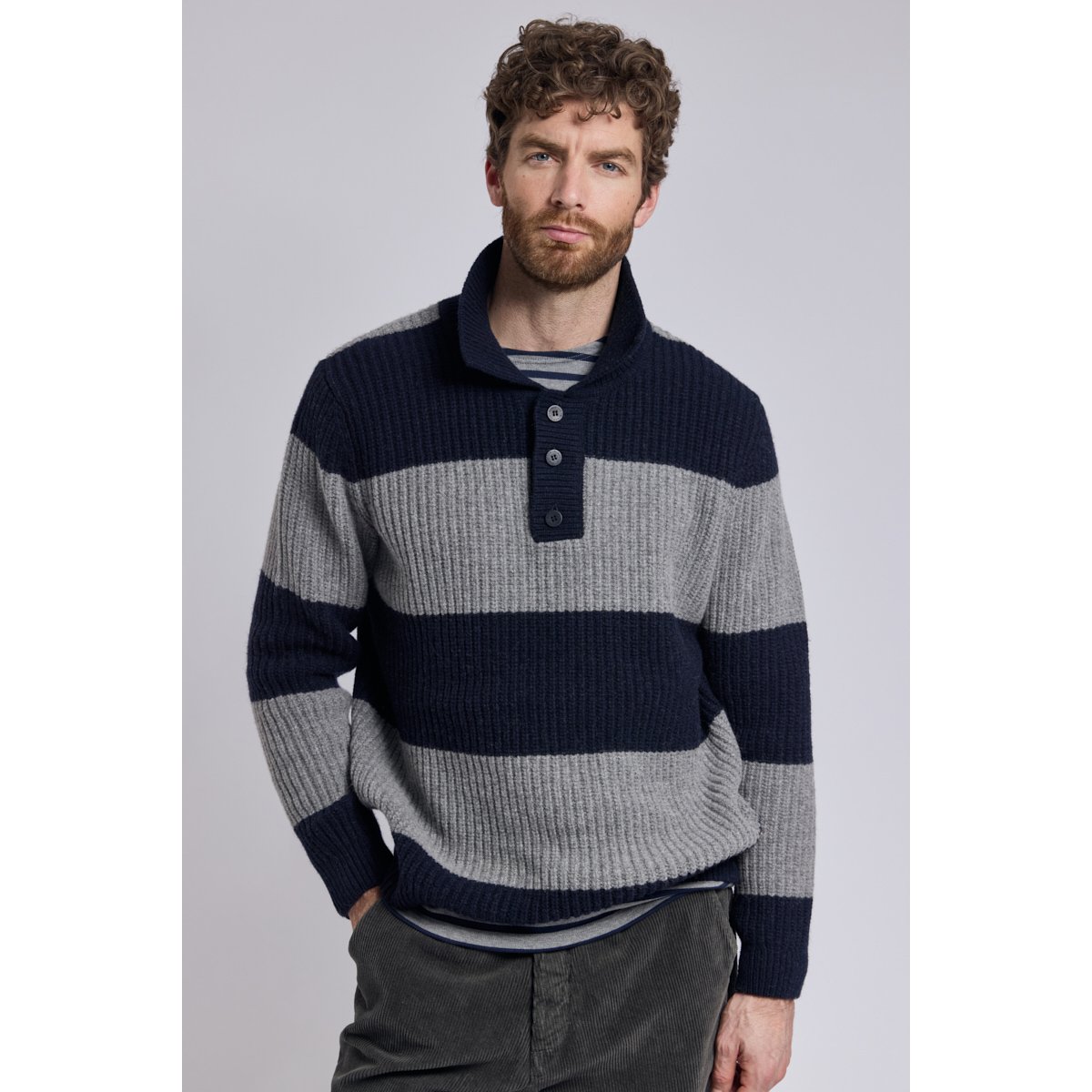 Pull col polo HERITAGE en laine pour homme navire/slate, ARMOR-LUX