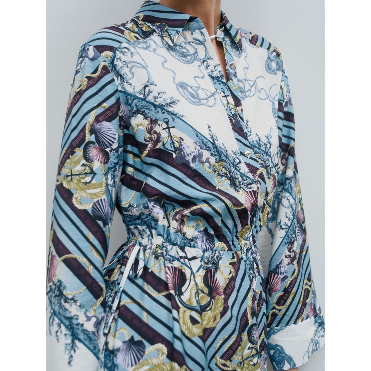 Robe chemise mi-longue à noeur sur la taille écharpe imprimée en corde bleue, NEXT