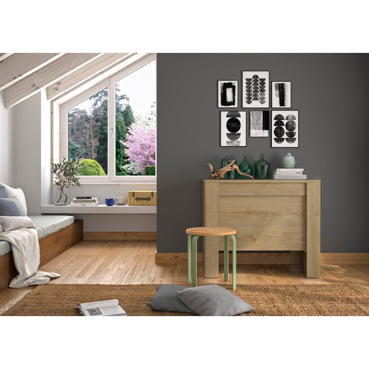 Table console extensible avec rangement intégré beige, DIAGONE