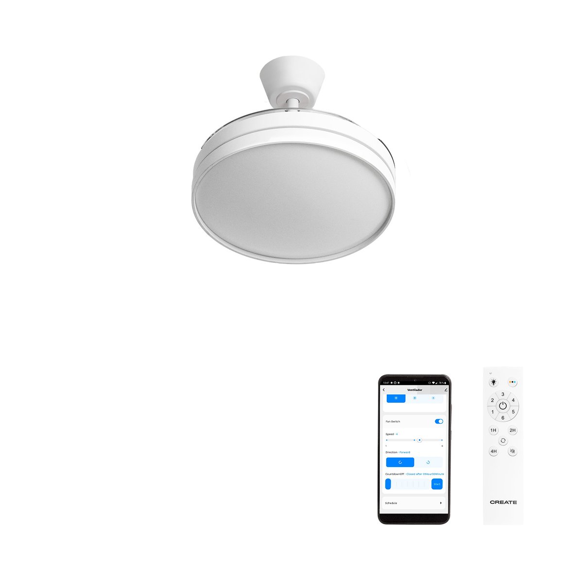 Ventilateur de plafond 40 W avec lumière et Wi-Fi WIND CLEAR EDGE blanc/blanc, CREATE