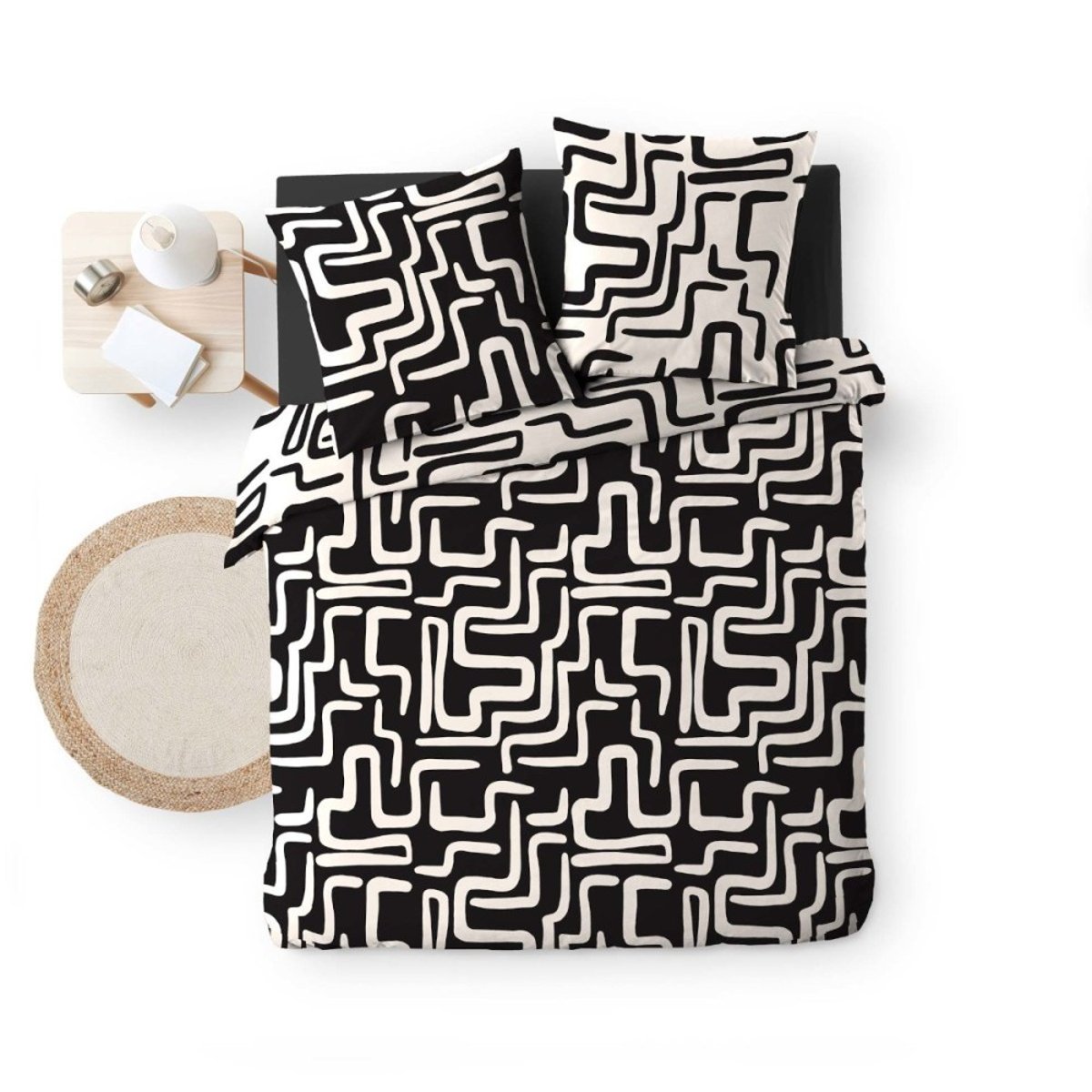 Housse de couette 100% coton finition pression + 2 taies d’oreiller noir, DECORATIE