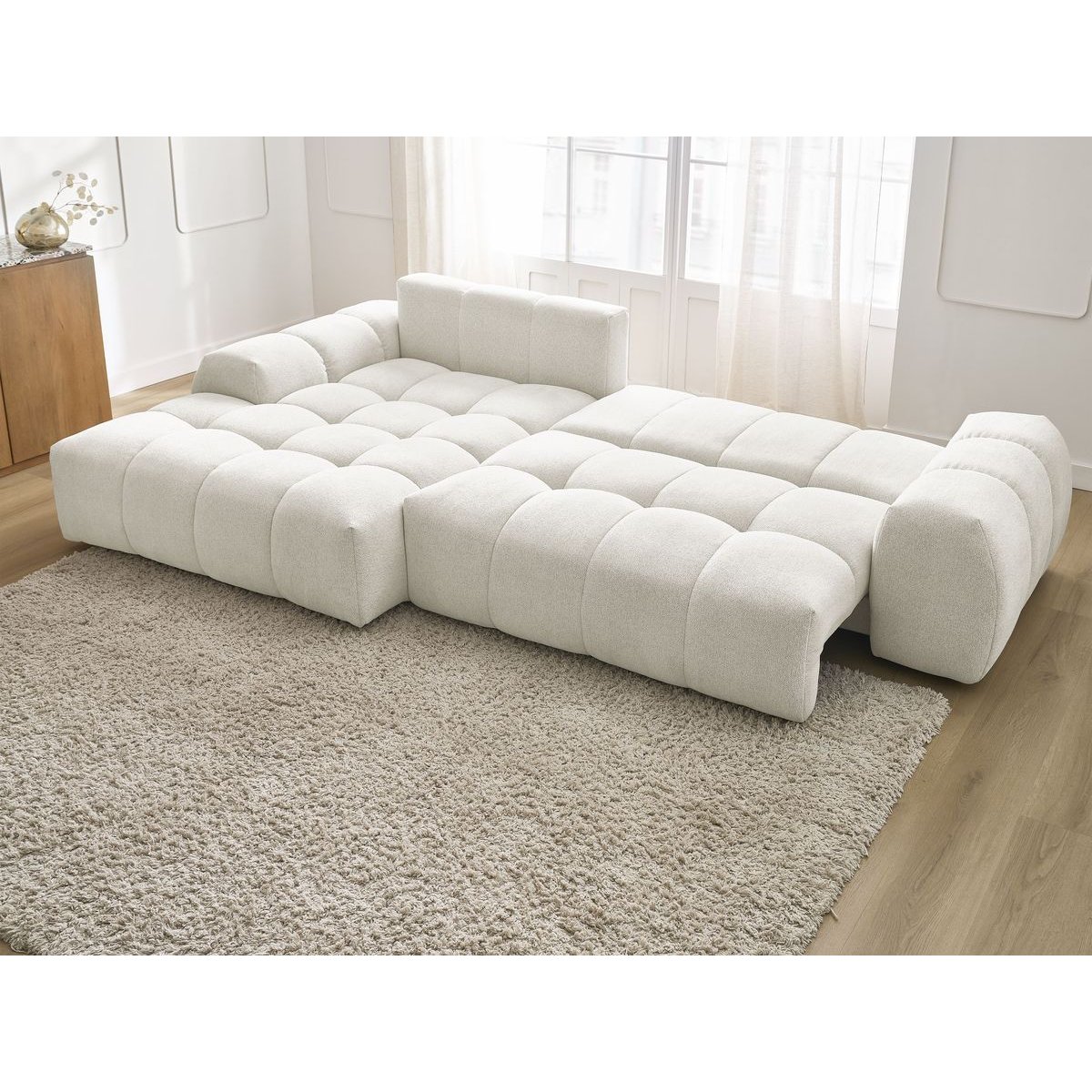 Canapé d'angle convertible 3 places en tissu chiné, EVEREST blanc, BOBOCHIC