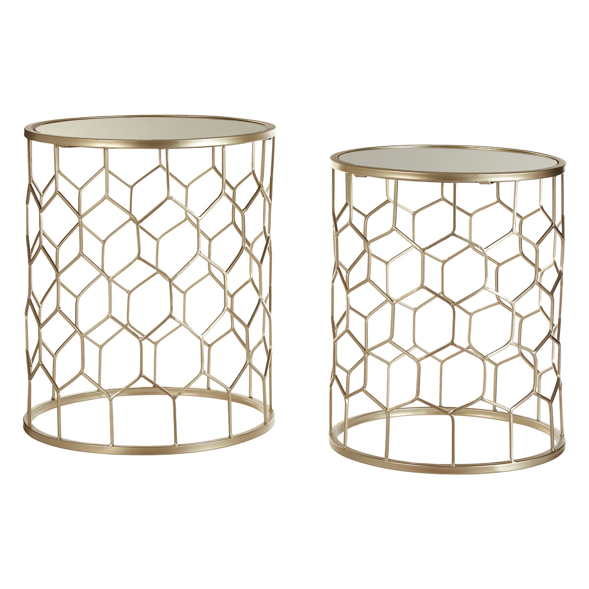 Set of 2 Round Side Tables with Mirror Top in Champagne Iron gold-coloured, SO'HOME