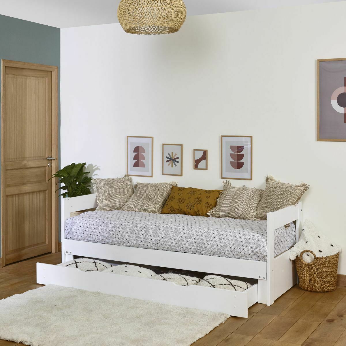 lit banquette gigogne avec tiroir Bois massif  RAVI blanc, AKITEN RETAIL