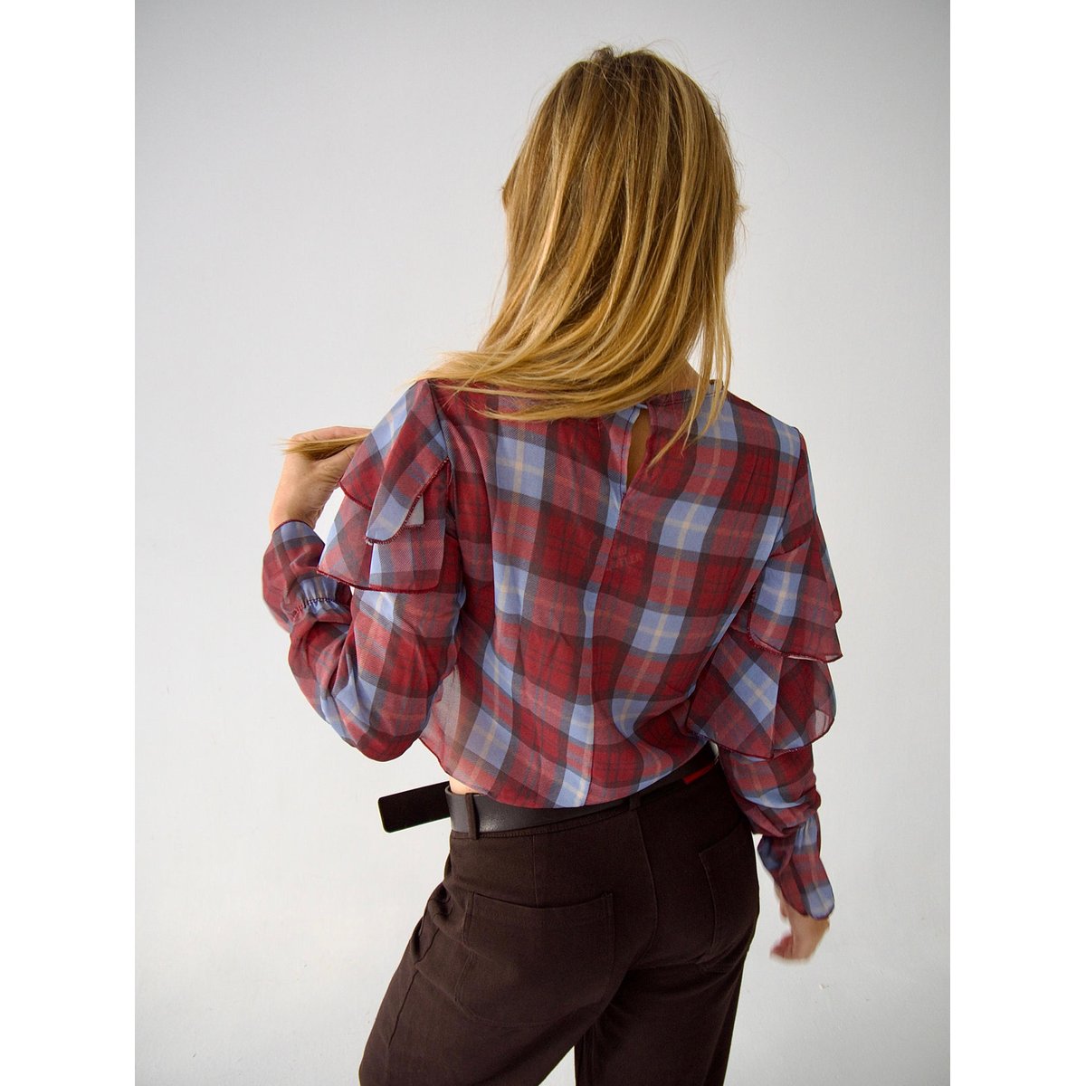 Blouse losanges à volants LÉA bordeaux / bleu, MINDTRAVELER