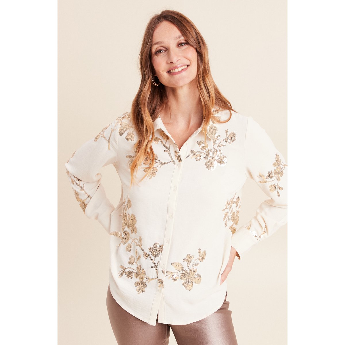 Chemise à sequins manches longues ecru, BREAL