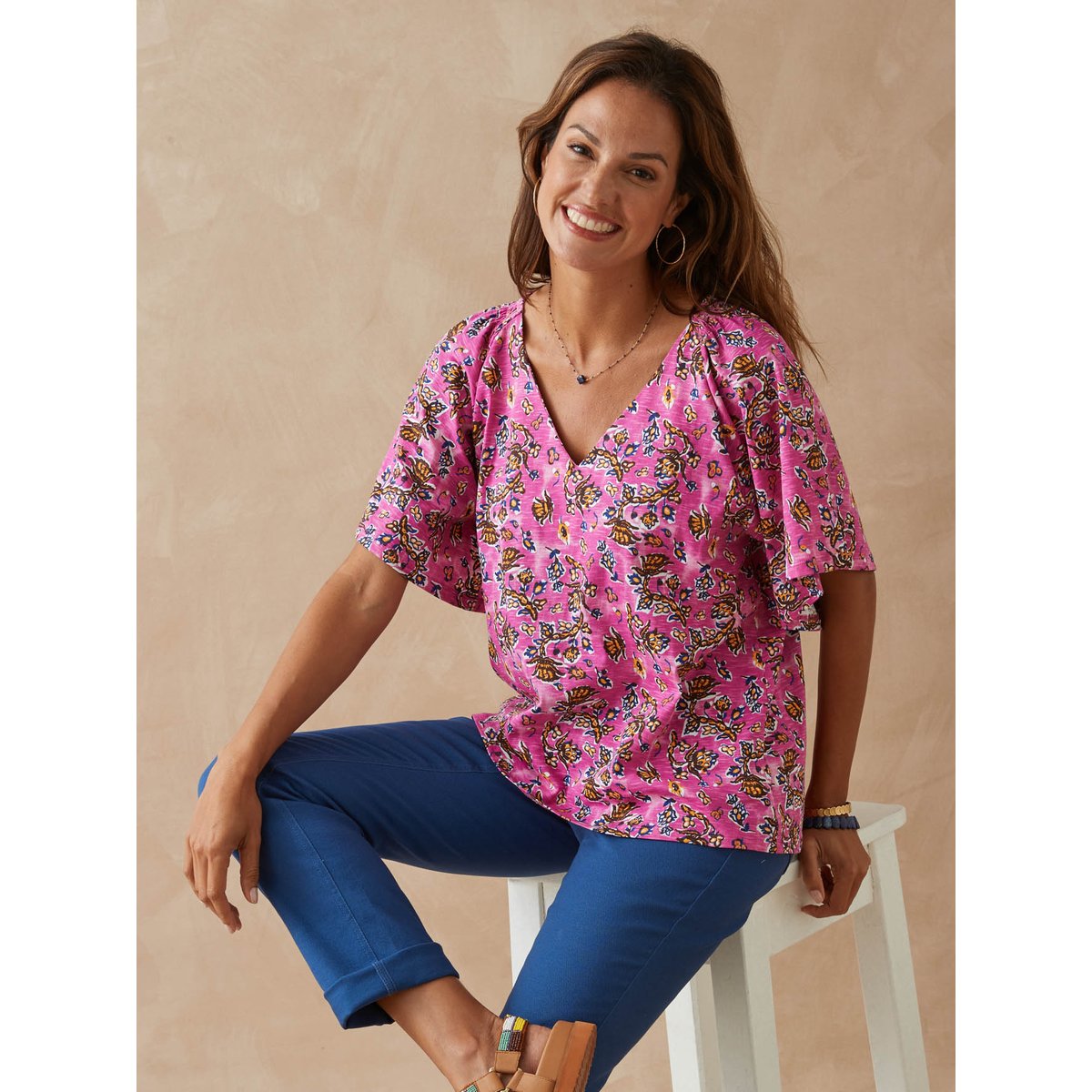 Tee-shirt V avec smocks imprimé framboise, DAXON