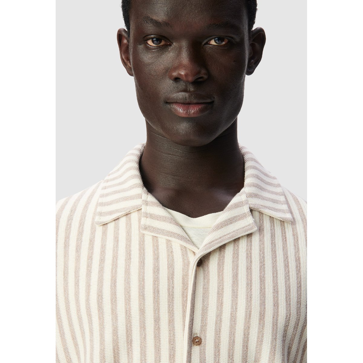 Chemise regular manches courtes maille rayée warm taupe, IKKS