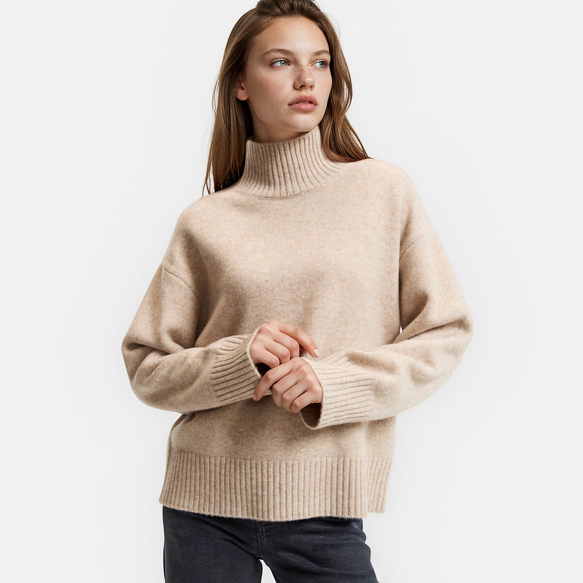 Wollen trui met hoge hals, grof gebreid mêleebeige, LA REDOUTE COLLECTIONS