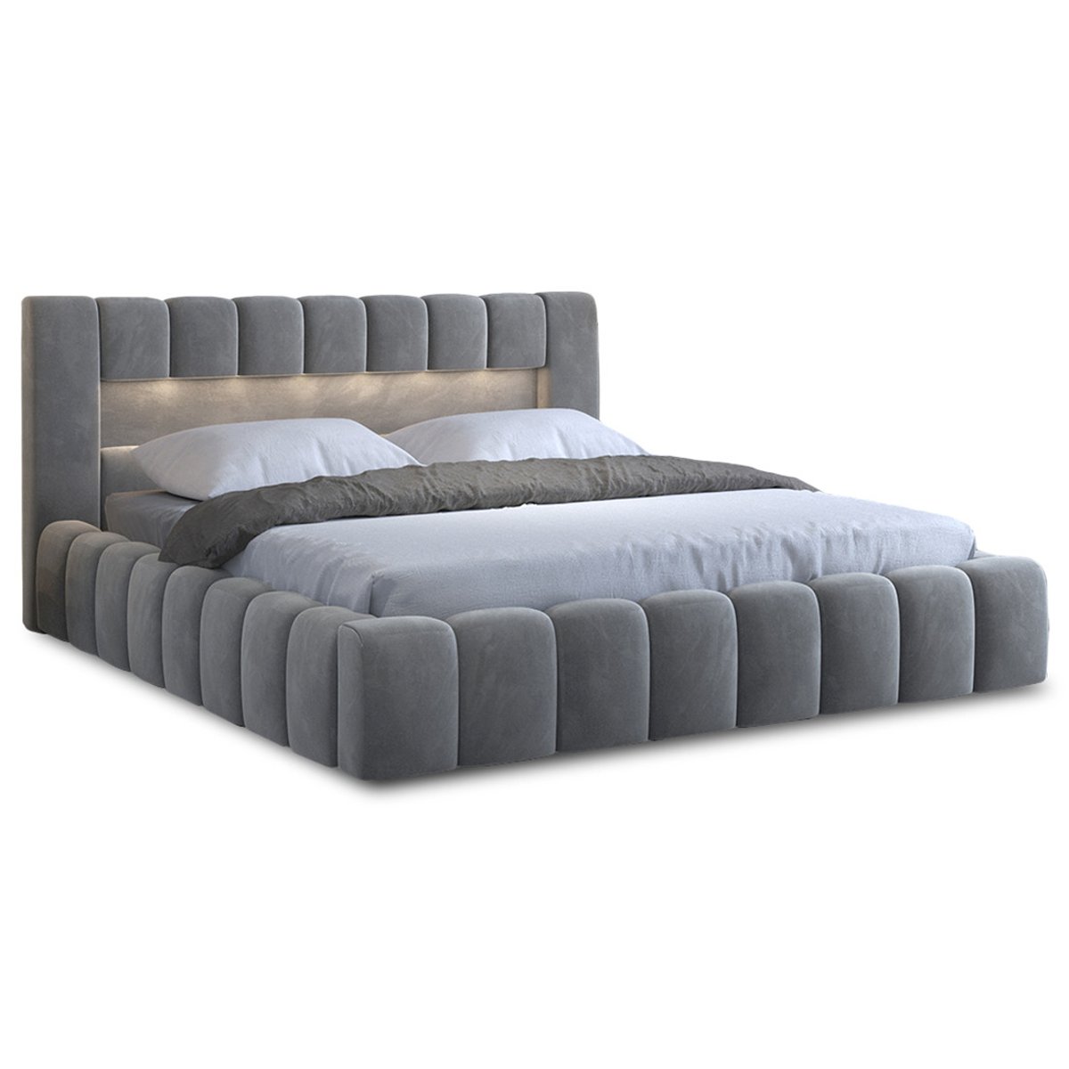 Lit coffre avec led sommier inclus en velours, CLEO gris clair, BEST MOBILIER