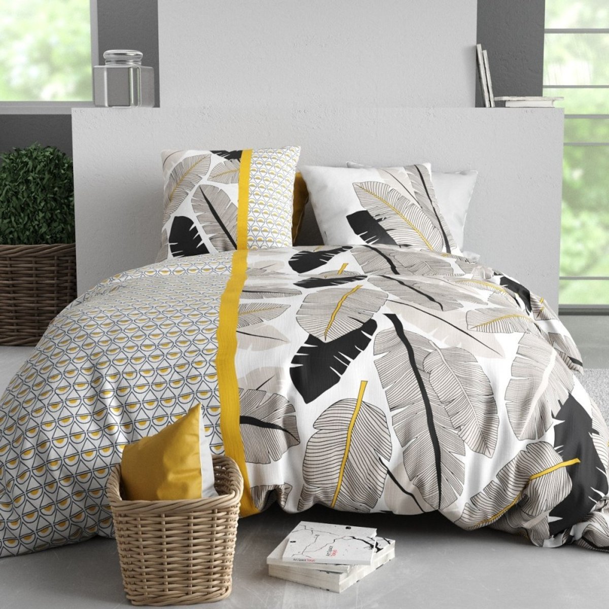 Housse de couette 100% coton 57 fils + 2 taies d’oreiller noir, DECORATIE