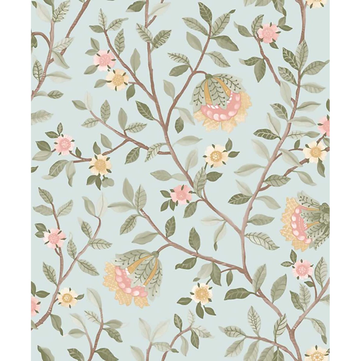 Papier peint fleuri botanique fond bleu glacier bleu, HEXOA