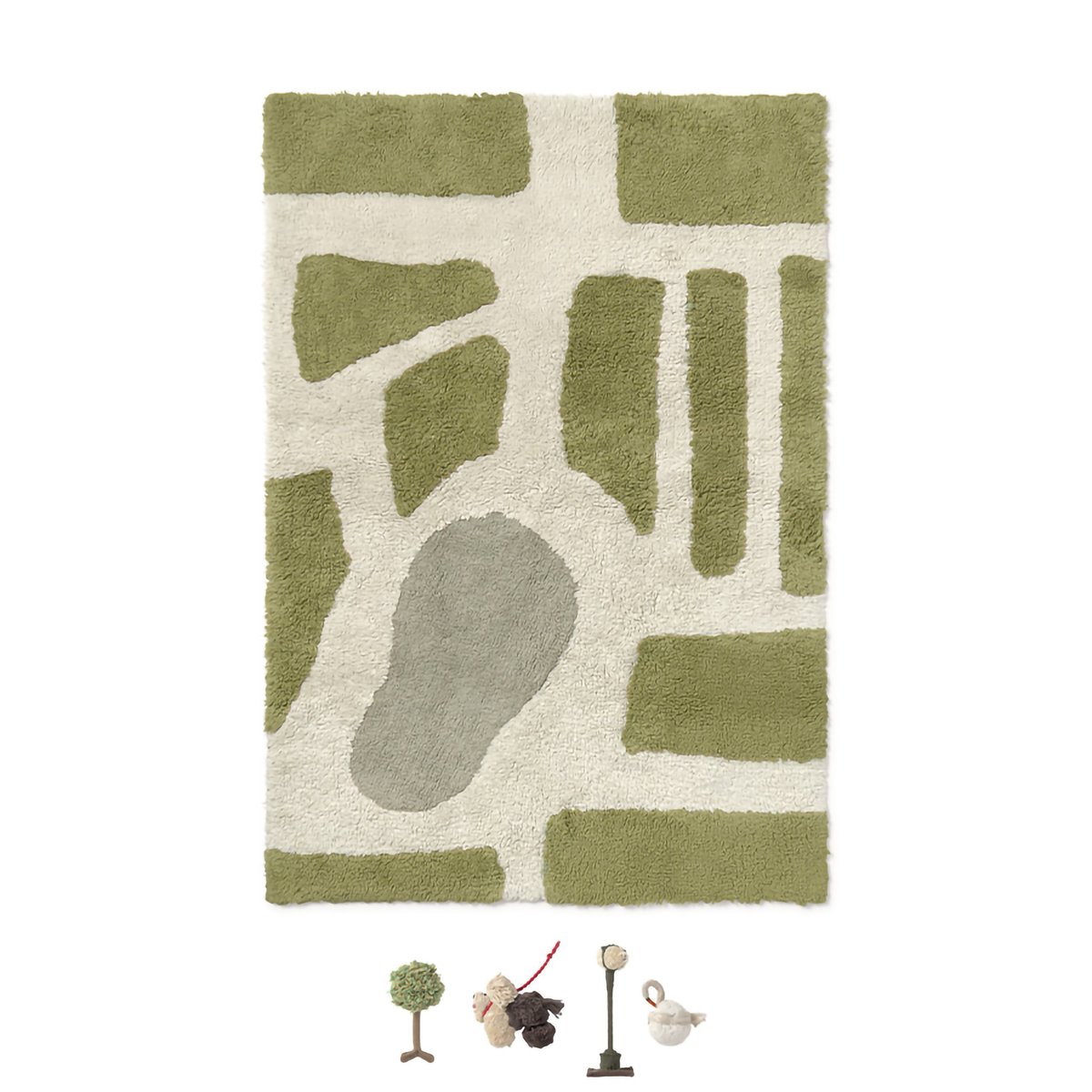 Tapis de jeu lavable Hyde Park WOUF WOUF naturel, matcha, sauge bleue, brun terre, yeux verts, LORENA CANALS