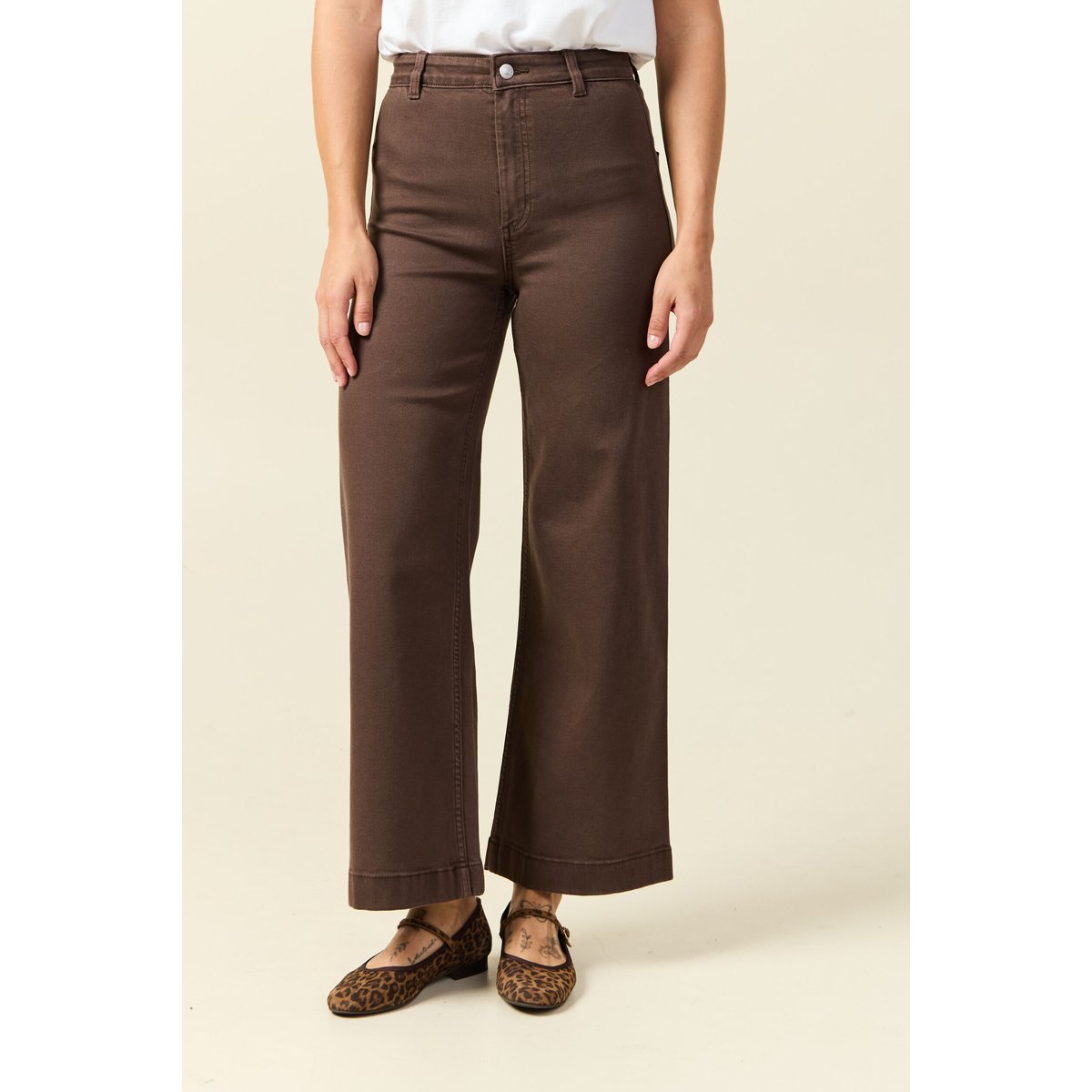 Jeans large cropped taille haute marron, BONOBO