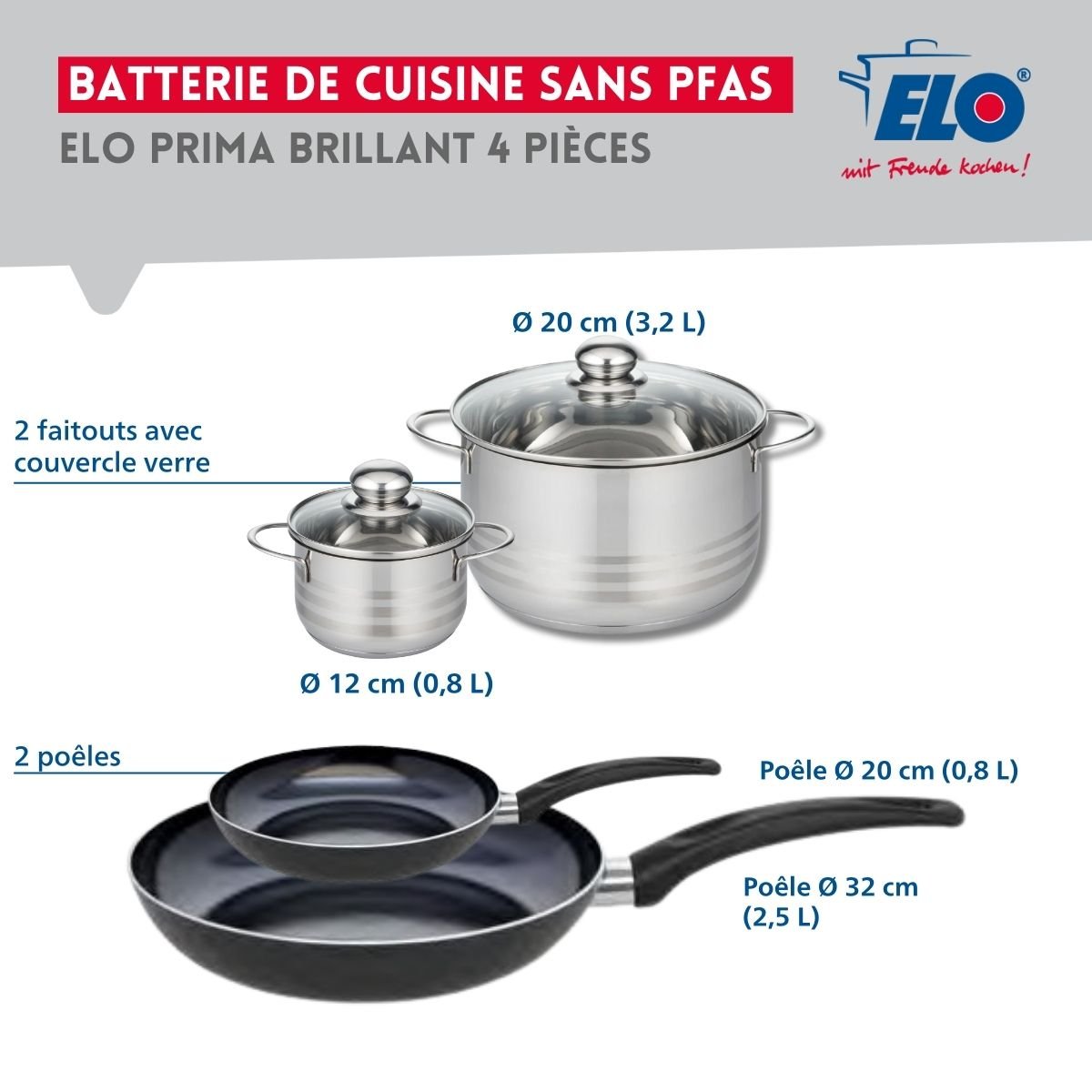 Batterie 2 poêles 20/32cm + 2 faitouts 12/20cm PRIMA BRILLANT noir, ELO