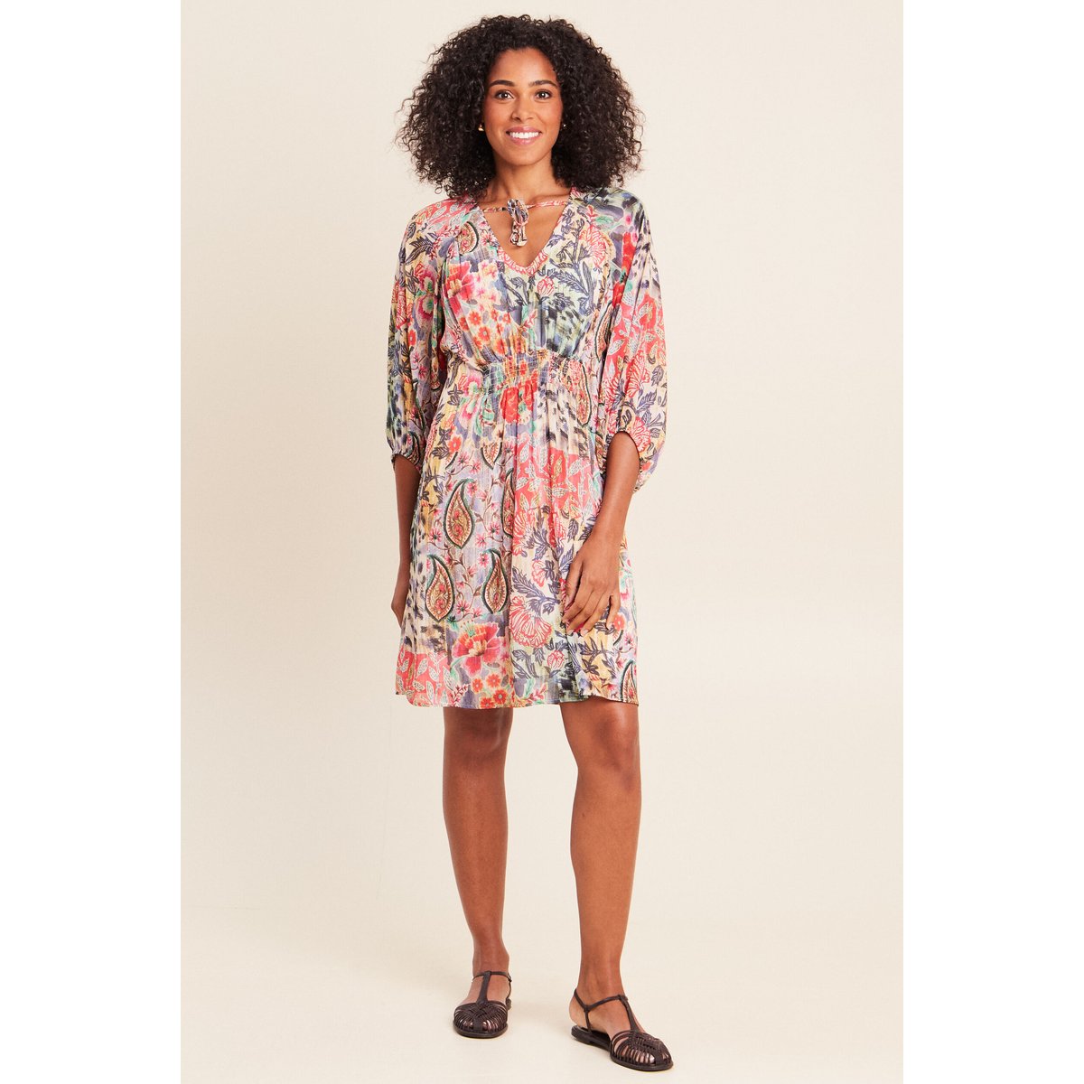 Robe courte évasée col v manches 3/4 multicolore, BREAL