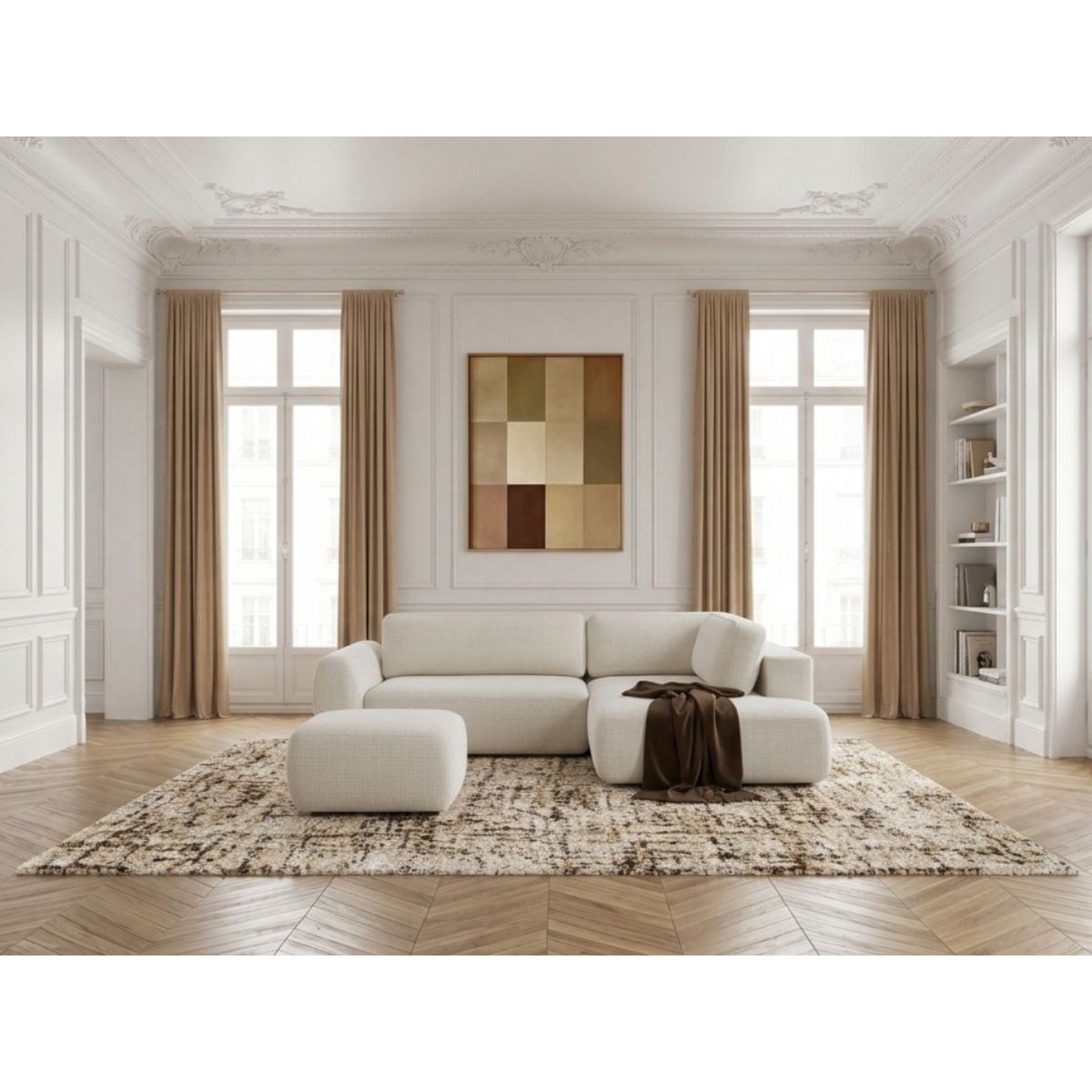 Canapé d'angle convertible 4 places en tissu texturé avec pouf, DENISE blanc, BOBOCHIC