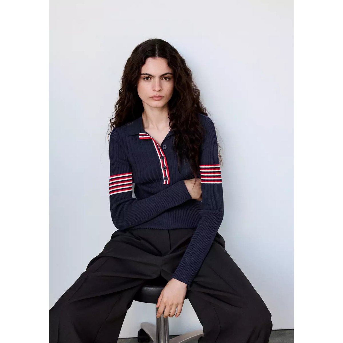Pull col polo à détail rayures bleu marine, MANGO