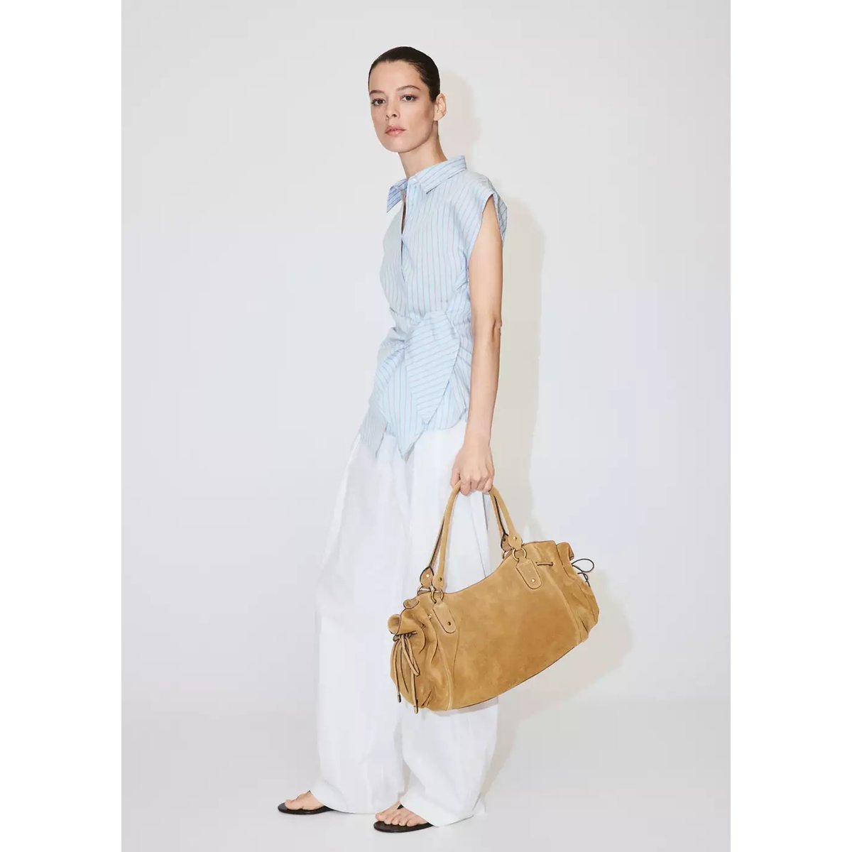 Chemise en lyocell à rayures détail nœud bleu ciel, MANGO