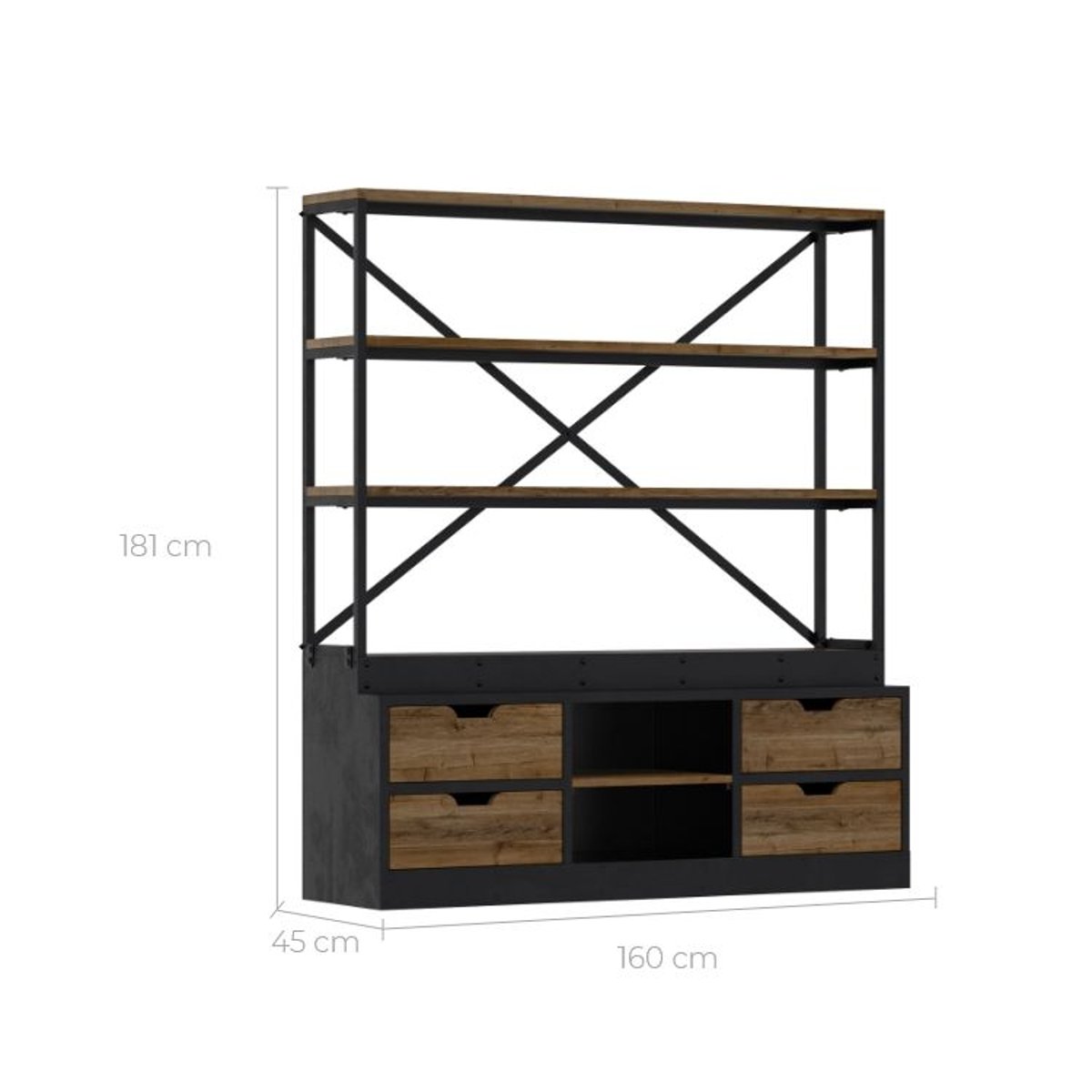 Bibliothèque 160 cm en bois et métal - GOA bois foncé et noir, MAISON PAVANE