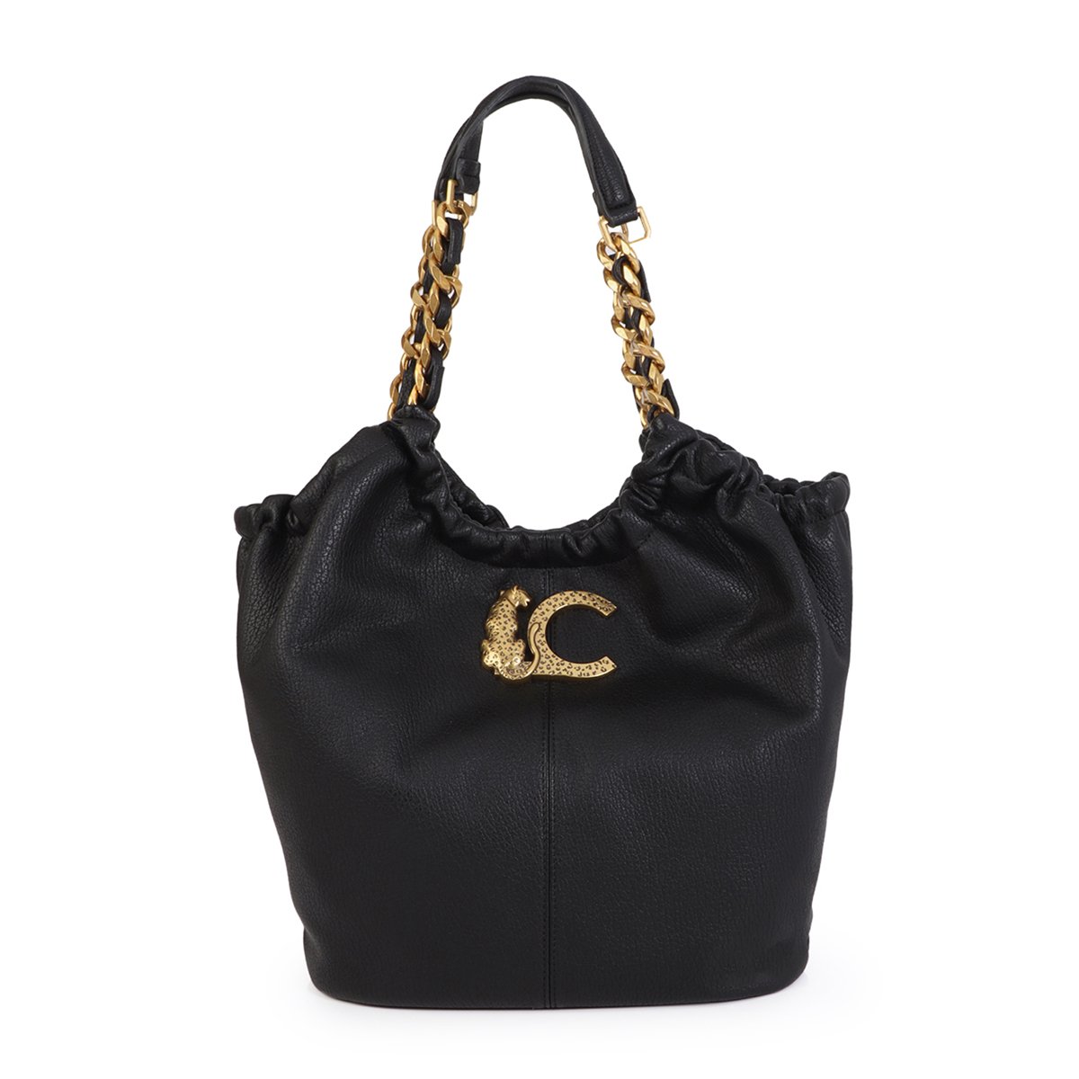 Sac hobo à chaîne dorée et logo panthère noir, LOLA CASADEMUNT