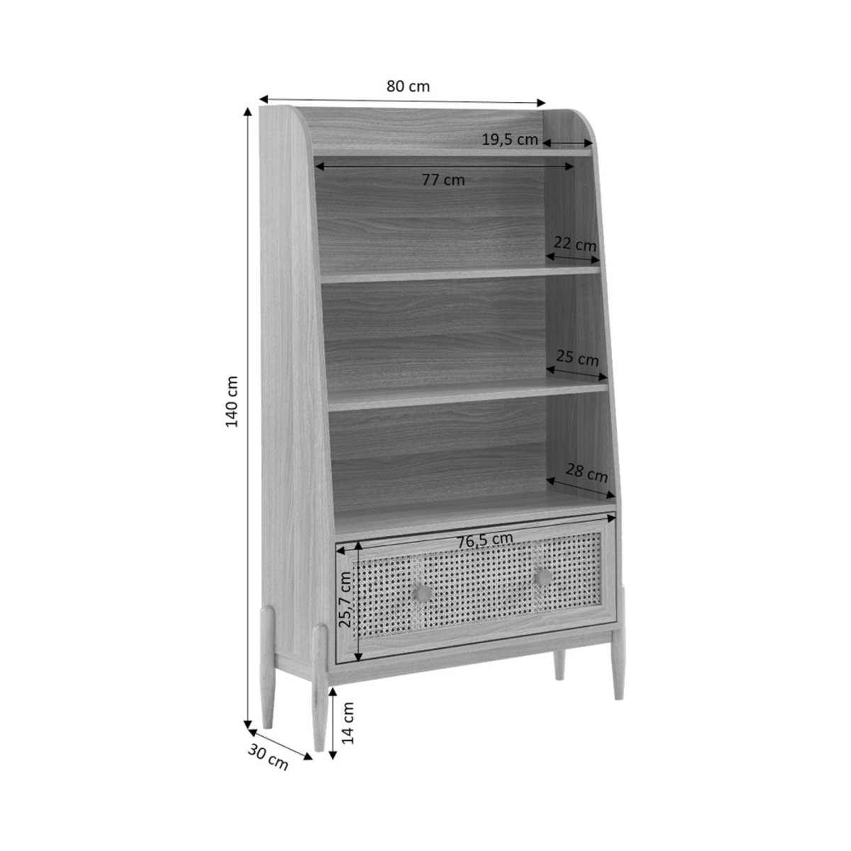 Bibliothèque enfant en bois et cannage H140cm- LILOU bois clair, DRAWER